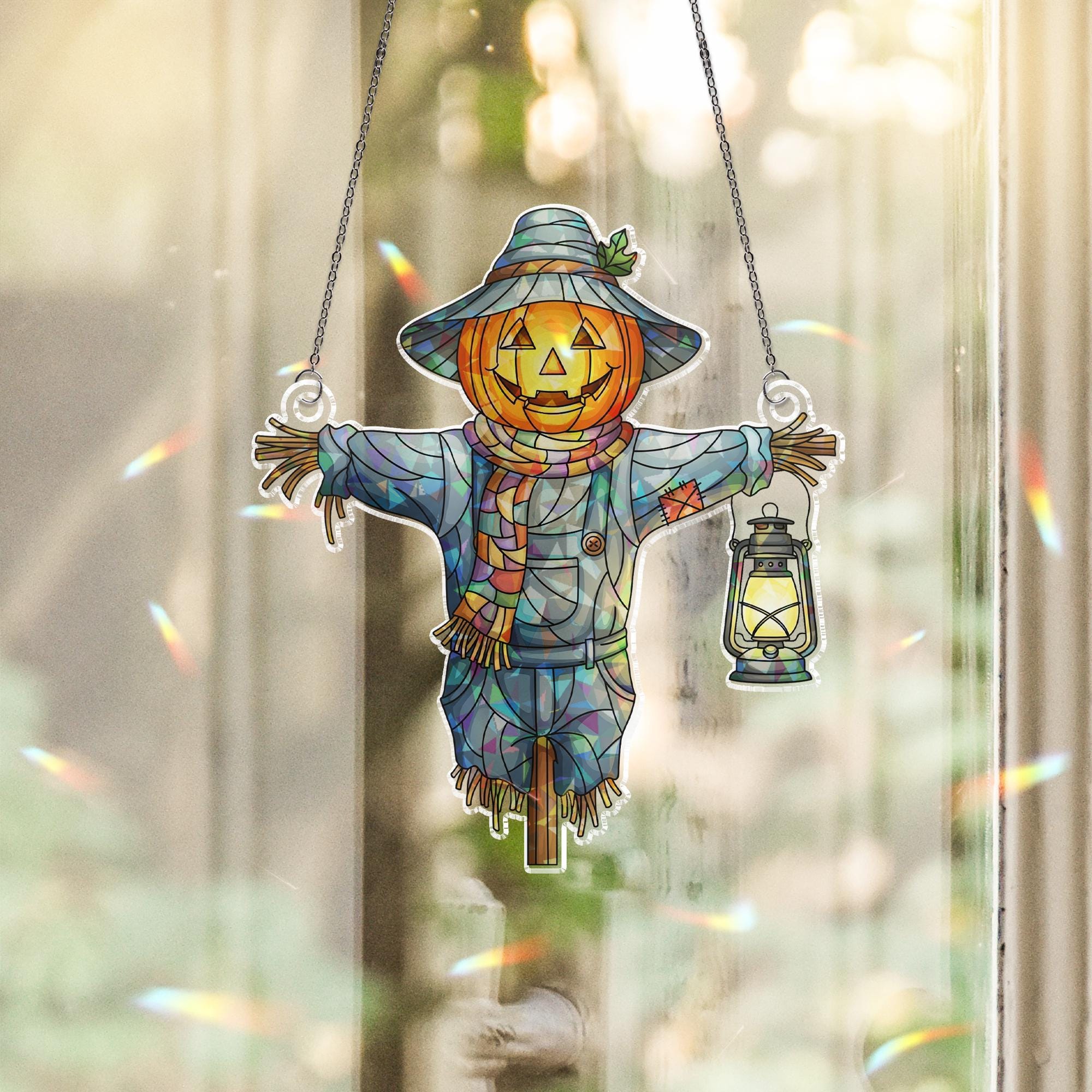 Holographic Scarecrow Pumpkin Window Hanging – Halloween Prism Sun Catcher, Autumn Harvest Decor, Lantern Fall Home Art