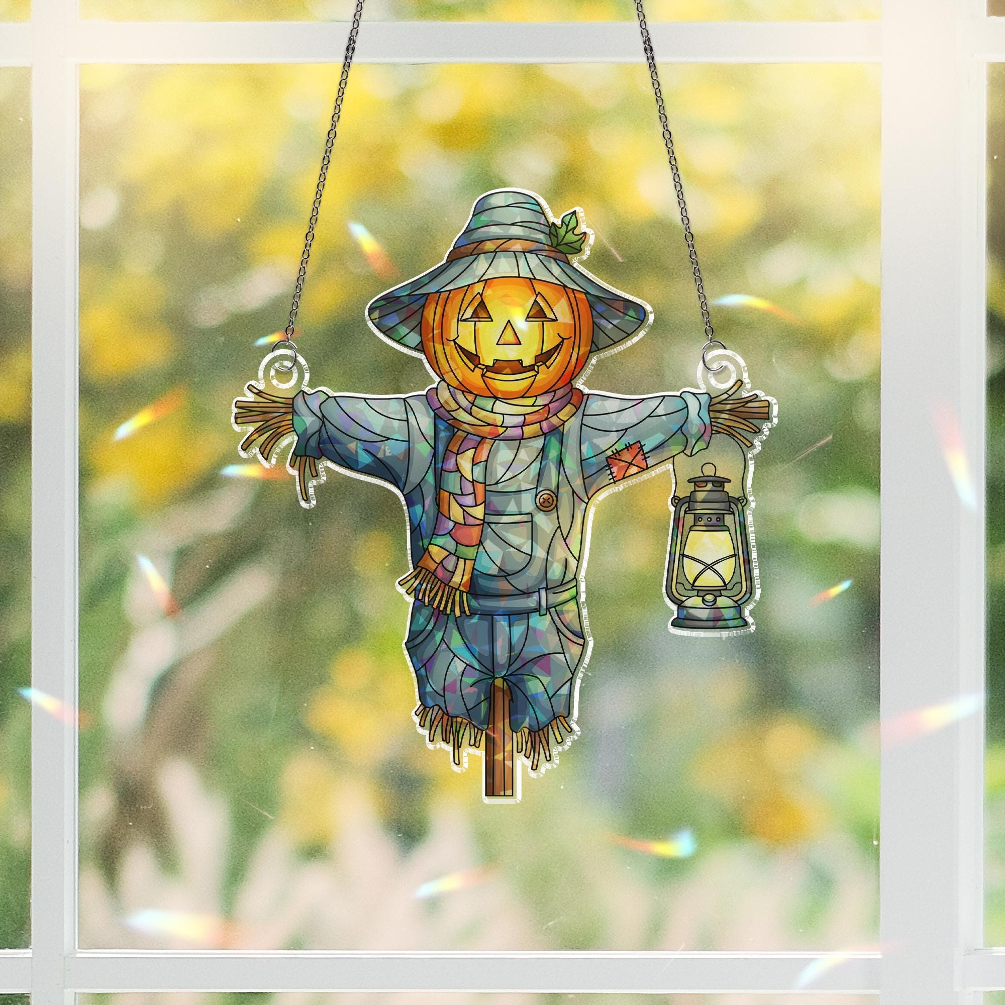 Holographic Scarecrow Pumpkin Window Hanging – Halloween Prism Sun Catcher, Autumn Harvest Decor, Lantern Fall Home Art