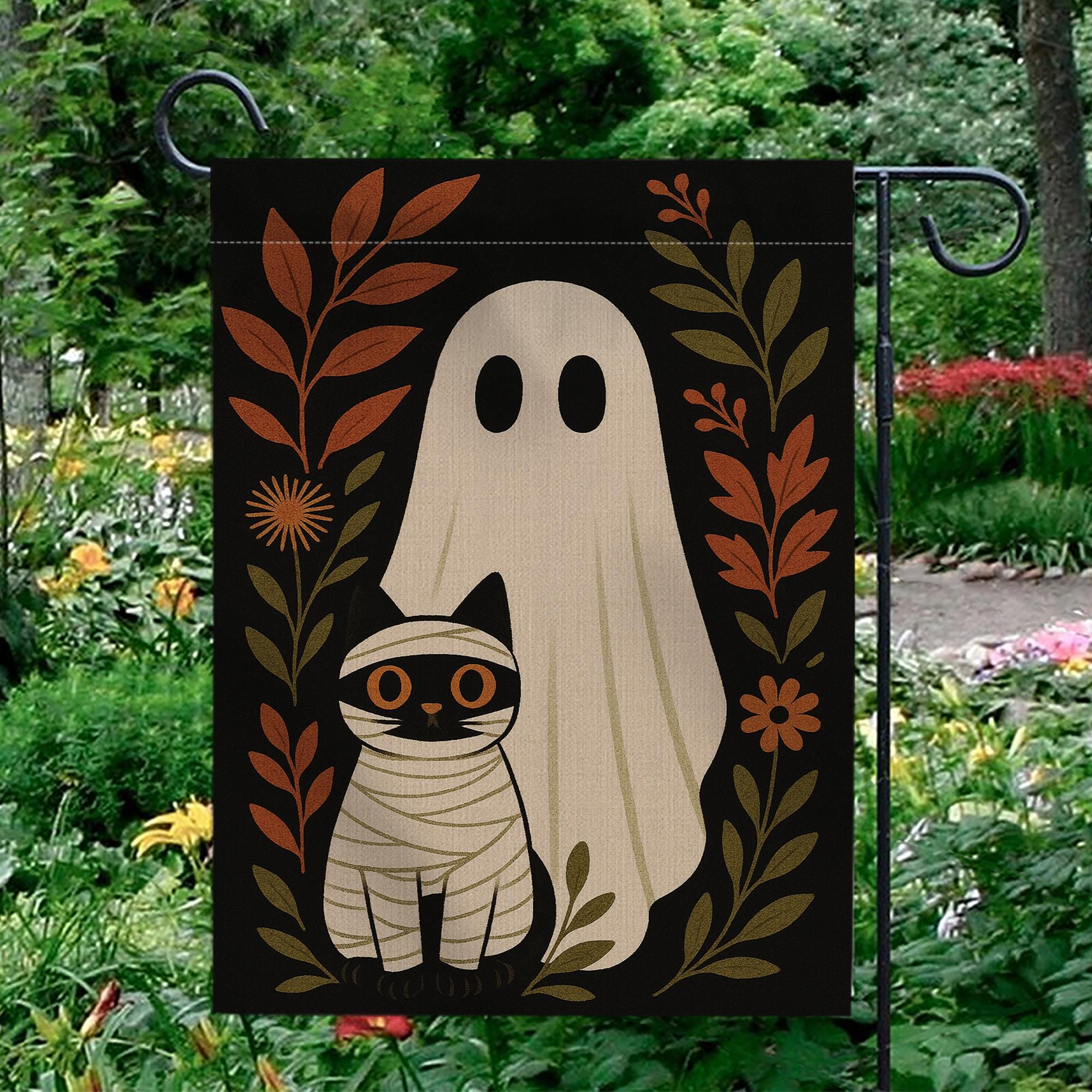 Ghost and Mummy Cat Garden Flag, Cute Halloween Yard Decor, Spooky Fall Outdoor Banner, Trick or Treat Porch Decoration
