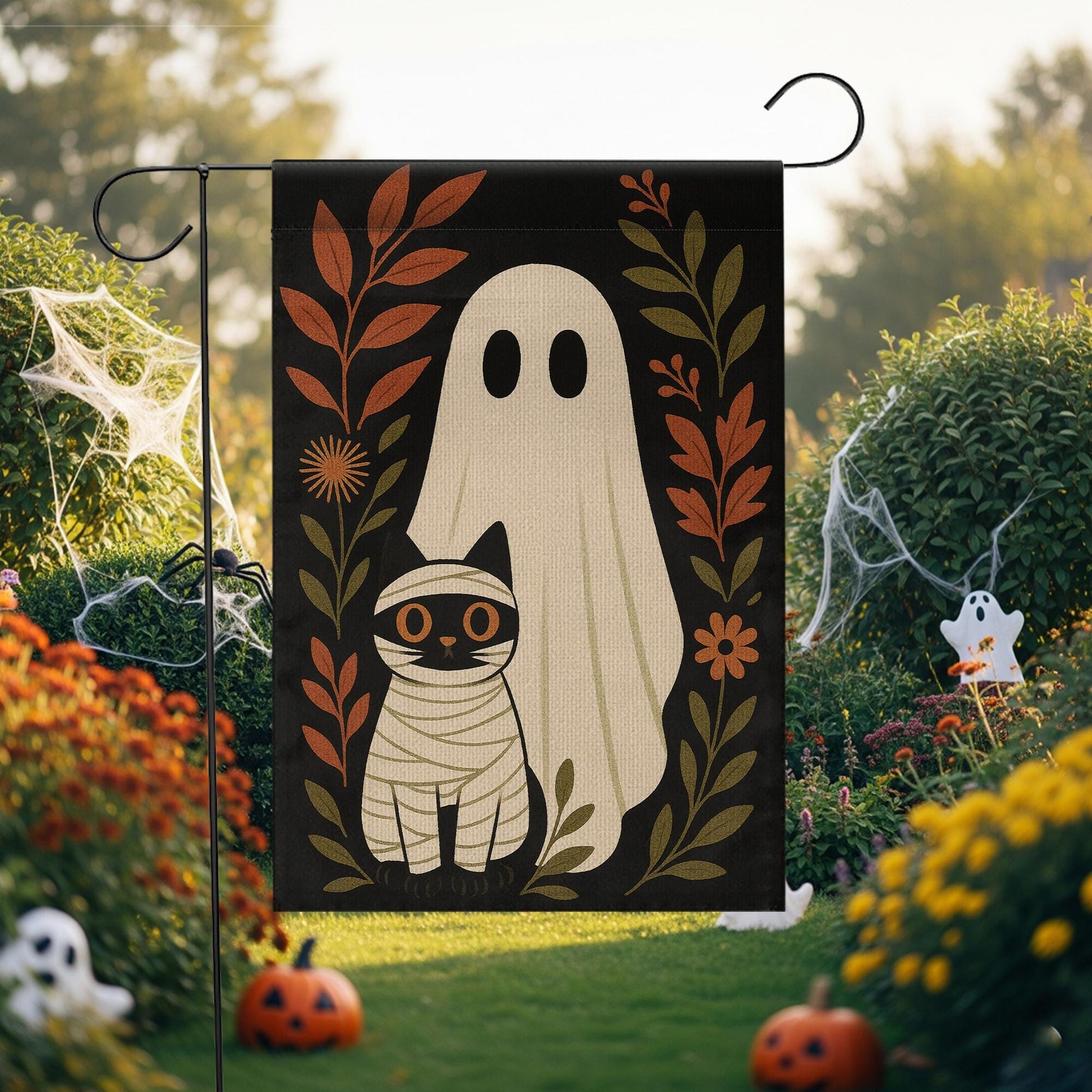 Ghost and Mummy Cat Garden Flag, Cute Halloween Yard Decor, Spooky Fall Outdoor Banner, Trick or Treat Porch Decoration