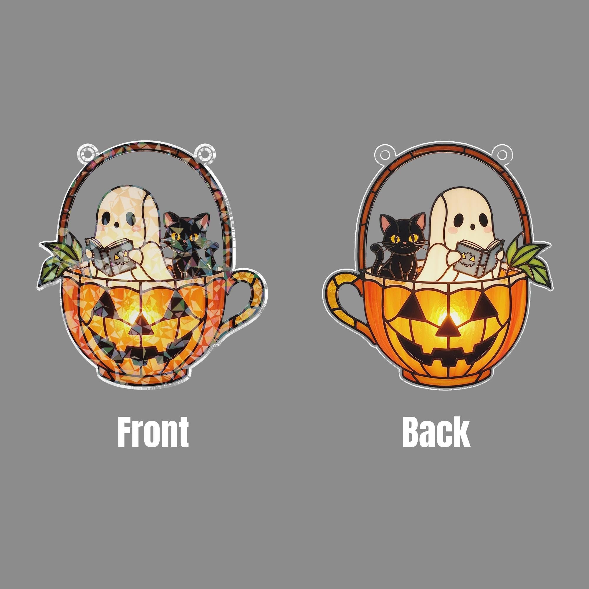 Ghost Cat Teacup Acrylic Window Hanging, Halloween Hologram Window Hanging, Spooky Cute Pumpkin Decor, Fall Sunlight Catcher Gift