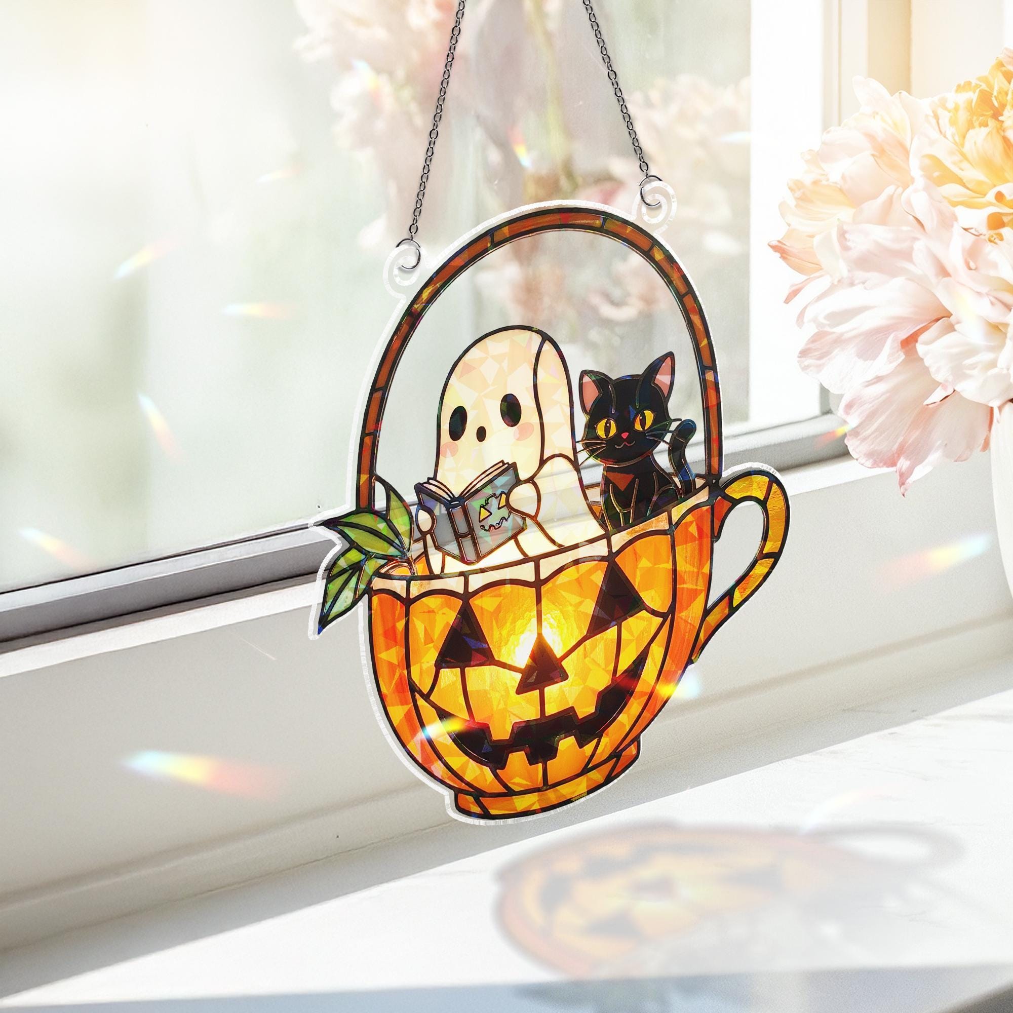 Ghost Cat Teacup Acrylic Window Hanging, Halloween Hologram Window Hanging, Spooky Cute Pumpkin Decor, Fall Sunlight Catcher Gift