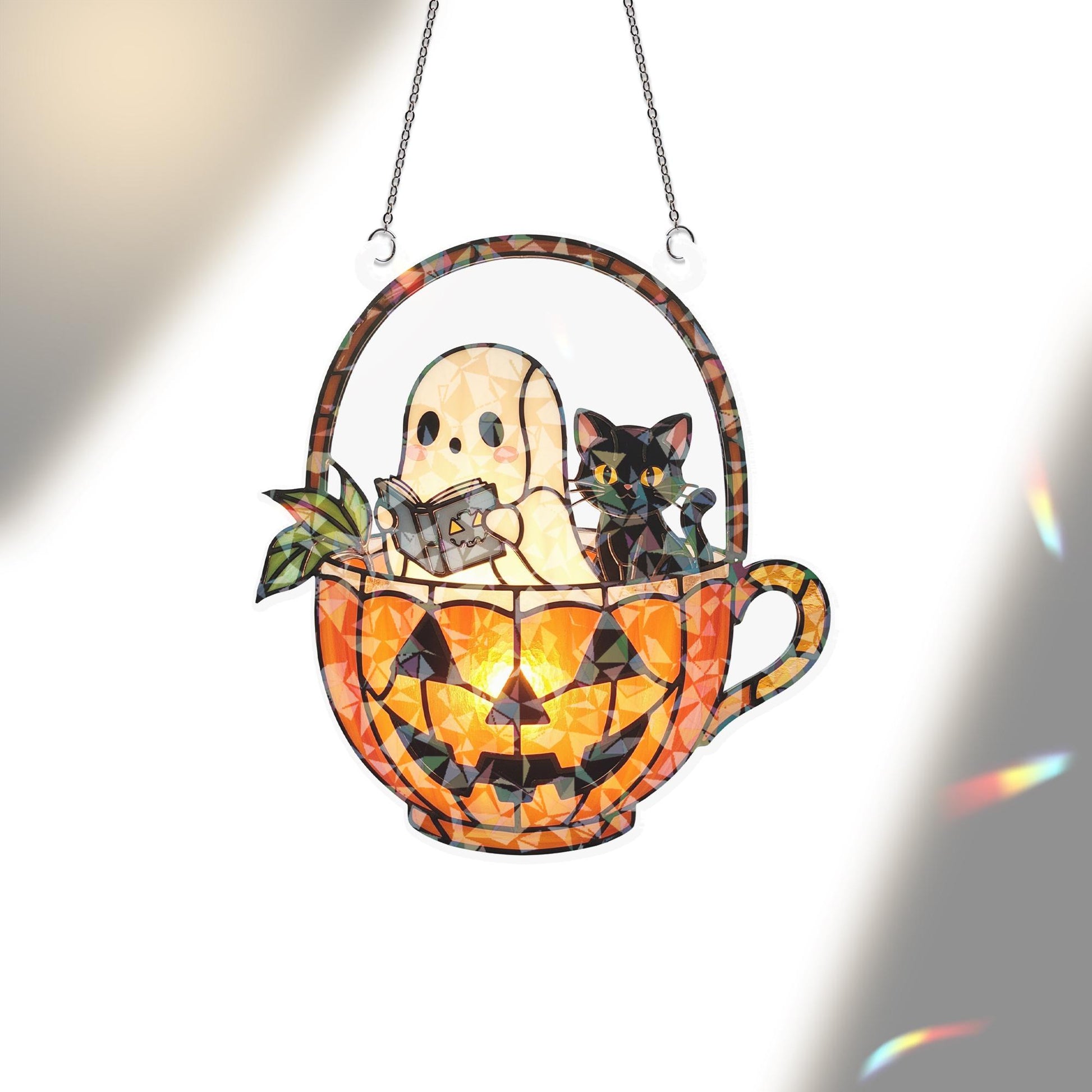 Ghost Cat Teacup Acrylic Window Hanging, Halloween Hologram Window Hanging, Spooky Cute Pumpkin Decor, Fall Sunlight Catcher Gift