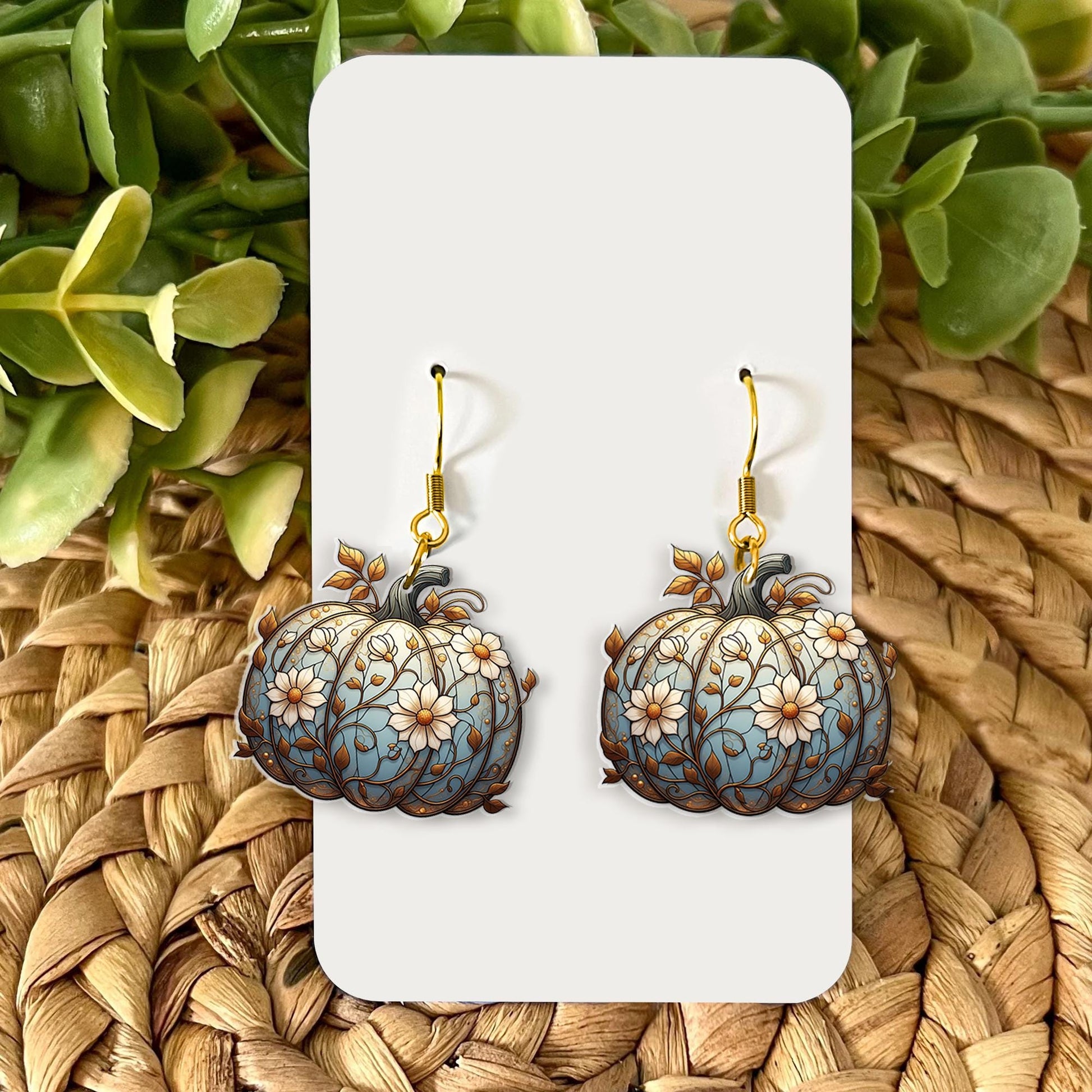 Pumpkin Floral Earrings – Blue Pumpkin with Daisies Fall Earrings, Autumn Harvest Jewelry, Rustic Seasonal Statement Earrings