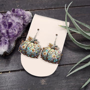 Pumpkin Floral Earrings – Blue Pumpkin with Daisies Fall Earrings, Autumn Harvest Jewelry, Rustic Seasonal Statement Earrings