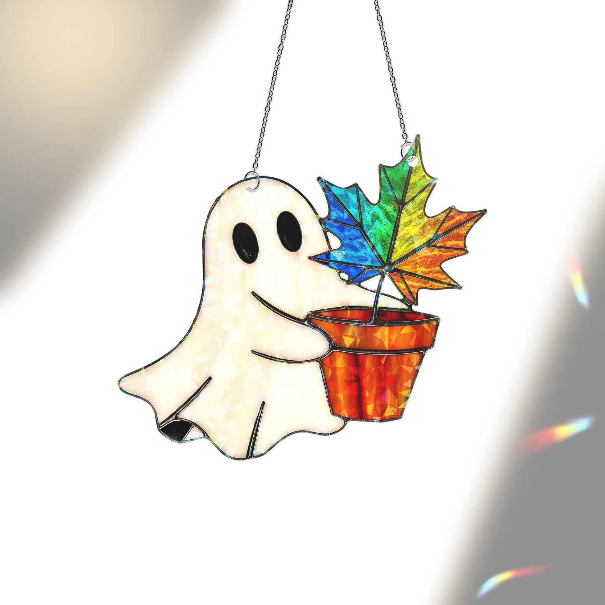 Ghost Leaf Pot Acrylic Halloween Window Hanging, Rainbow Fall Hologram Decor, Cute Ghost Autumn Sun Catcher Gift, Suncatcher Style