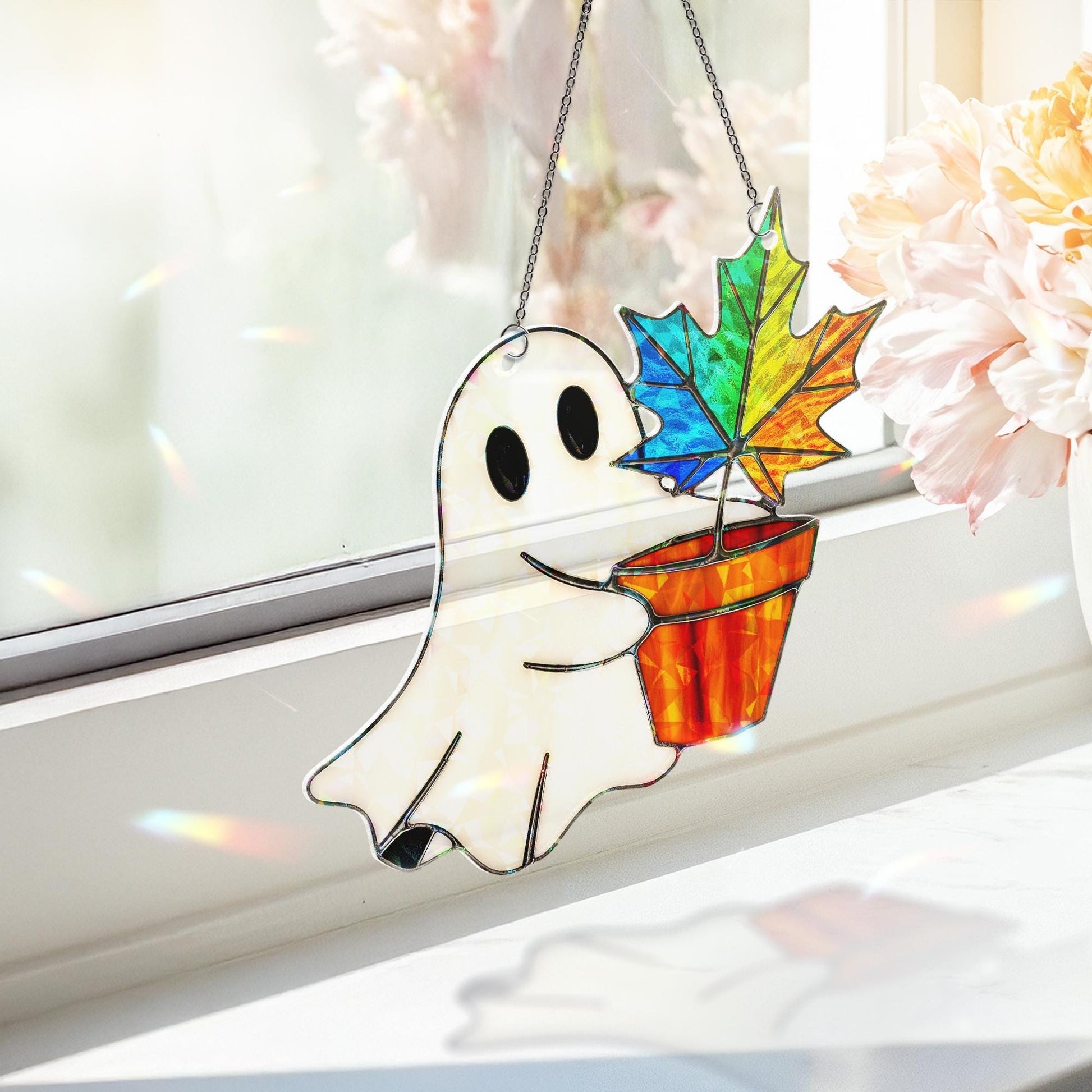 Ghost Leaf Pot Acrylic Halloween Window Hanging, Rainbow Fall Hologram Decor, Cute Ghost Autumn Sun Catcher Gift, Suncatcher Style