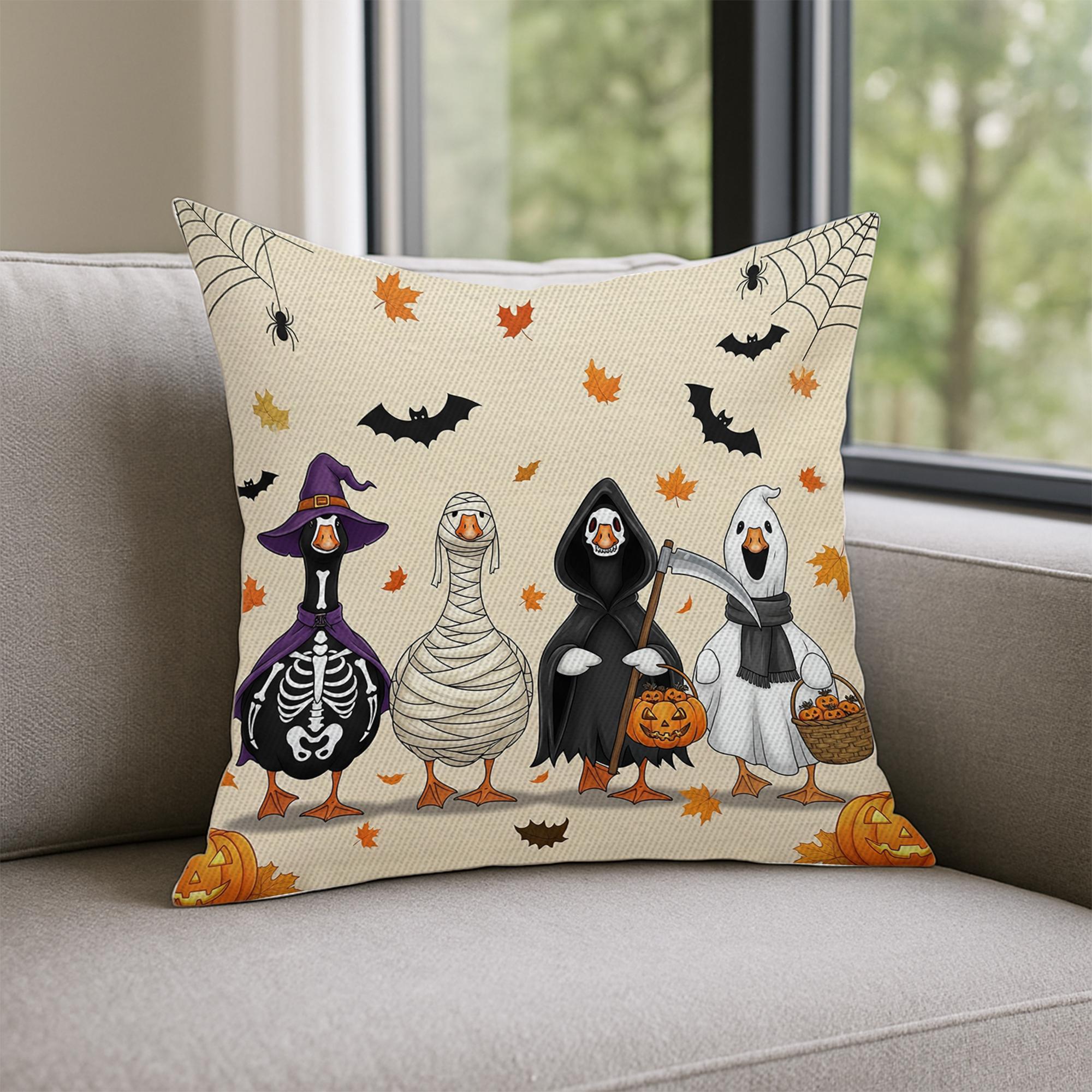 Halloween Ducks Throw Pillow Cover, Spooky Goose Costumes Cushion, Fall Autumn Farmhouse Home Decor, Trick or Treat Accent Pillow
