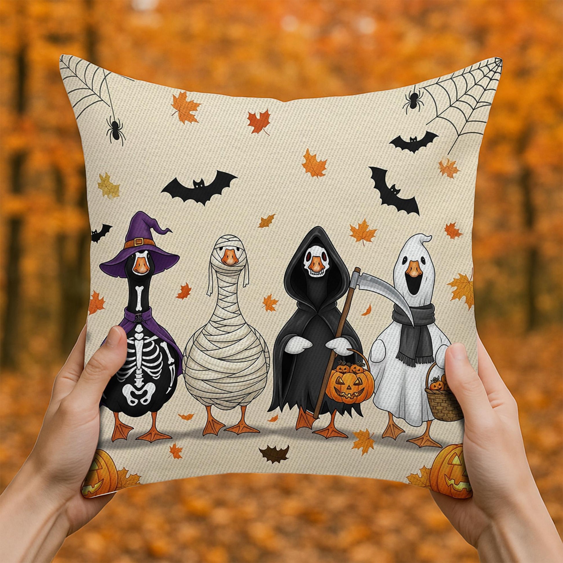 Halloween Ducks Throw Pillow Cover, Spooky Goose Costumes Cushion, Fall Autumn Farmhouse Home Decor, Trick or Treat Accent Pillow