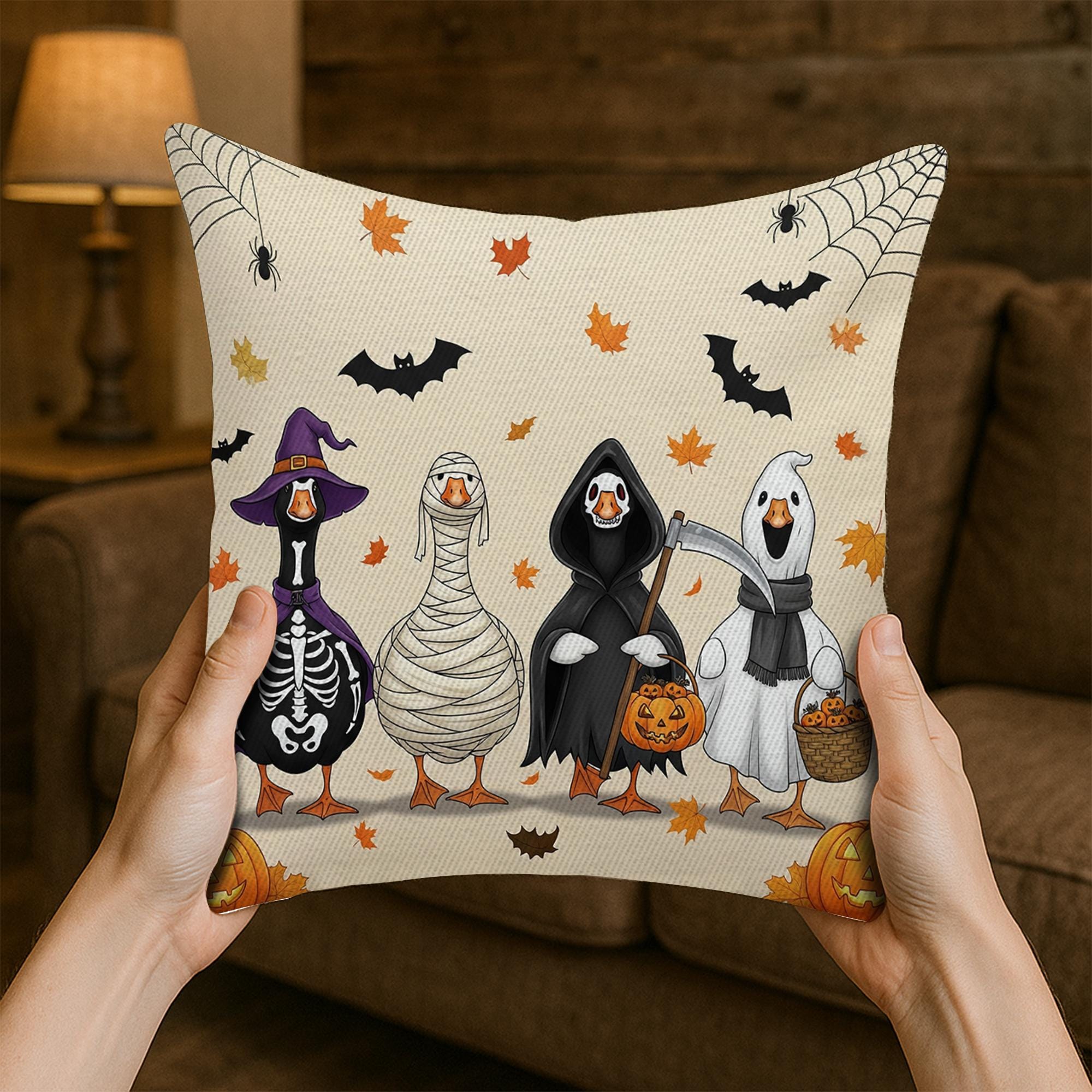 Halloween Ducks Throw Pillow Cover, Spooky Goose Costumes Cushion, Fall Autumn Farmhouse Home Decor, Trick or Treat Accent Pillow