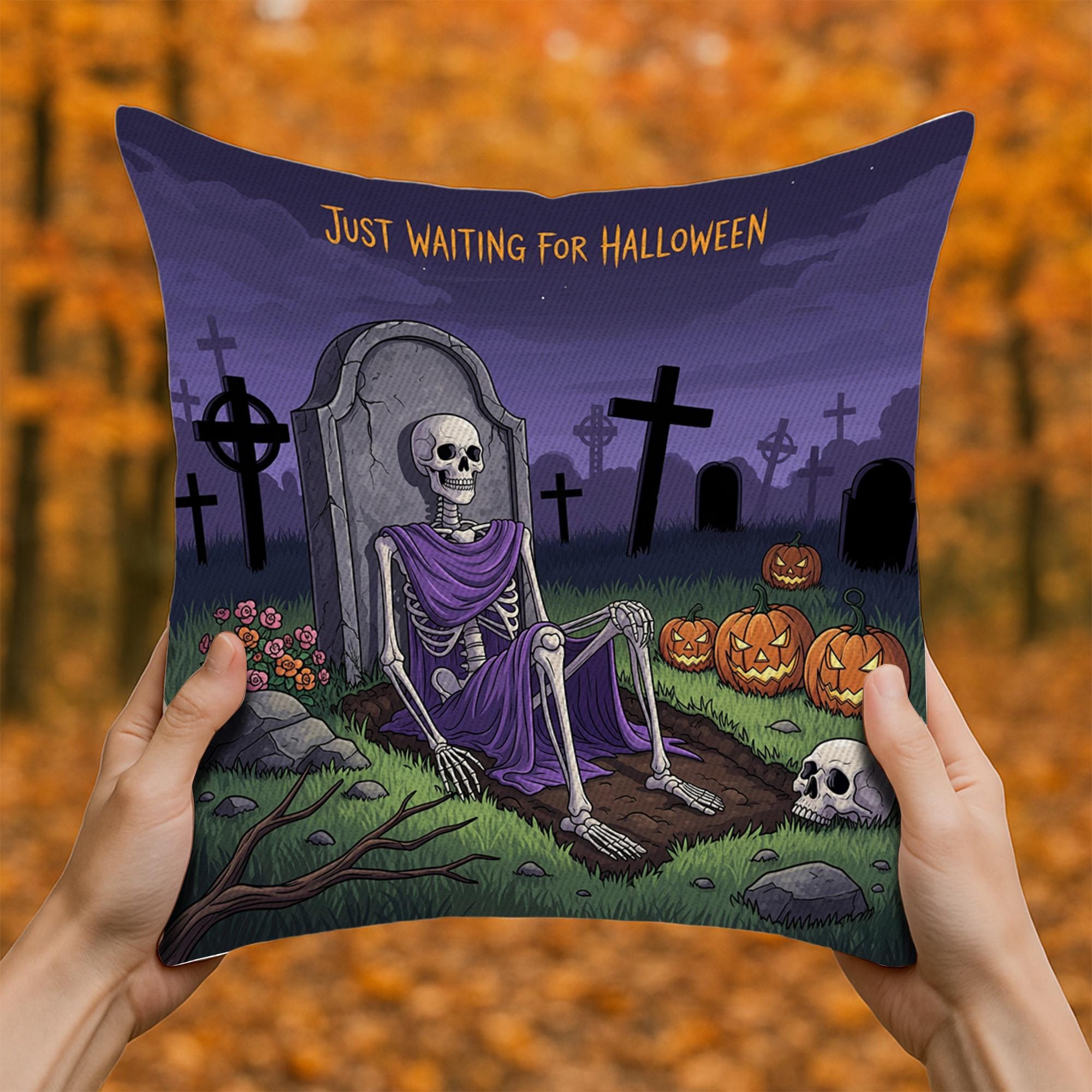Waiting for Halloween Throw Pillow Cover, Skeleton Graveyard Spooky Cushion, Pumpkin Fall Accent Decor, Goth Home Decoration