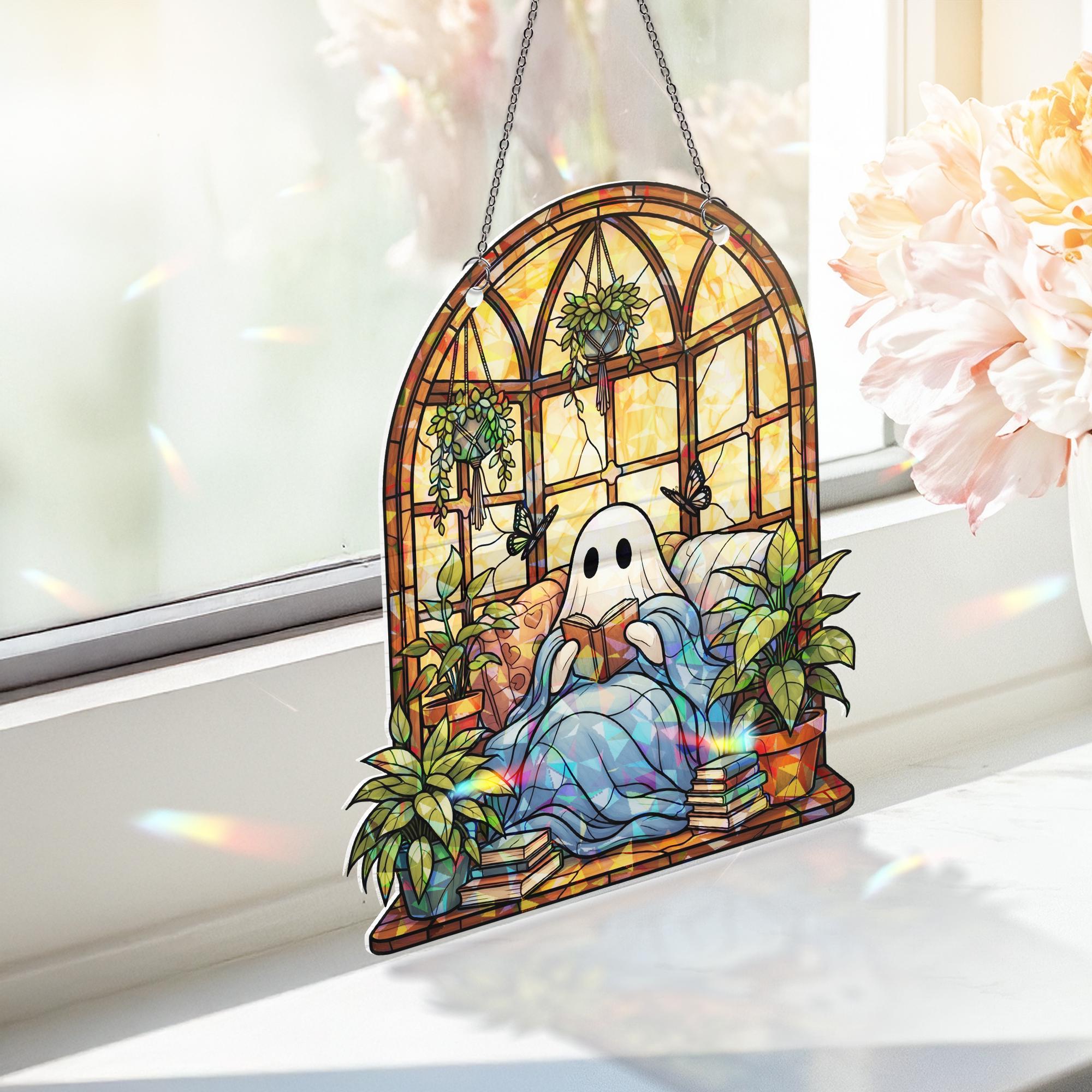 Cozy Ghost Reading Acrylic Window Hanging, Hanging  Decor, Plant Lover Hologram Art, Autumn Book Nook Gift for Readers, Suncatcher Style