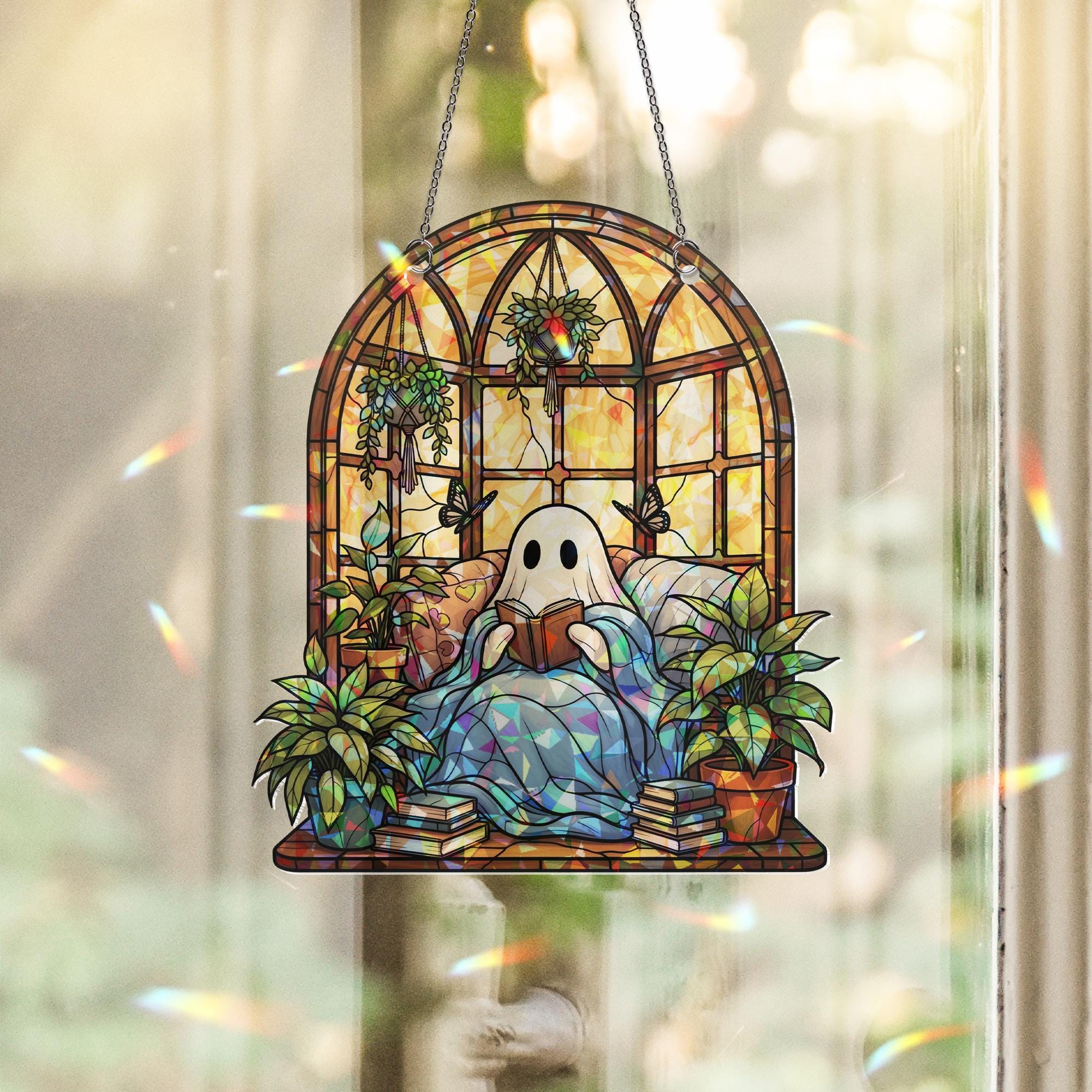Cozy Ghost Reading Acrylic Window Hanging, Hanging  Decor, Plant Lover Hologram Art, Autumn Book Nook Gift for Readers, Suncatcher Style