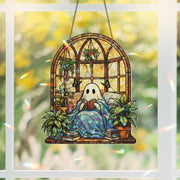 Cozy Ghost Reading Acrylic Window Hanging, Hanging  Decor, Plant Lover Hologram Art, Autumn Book Nook Gift for Readers, Suncatcher Style