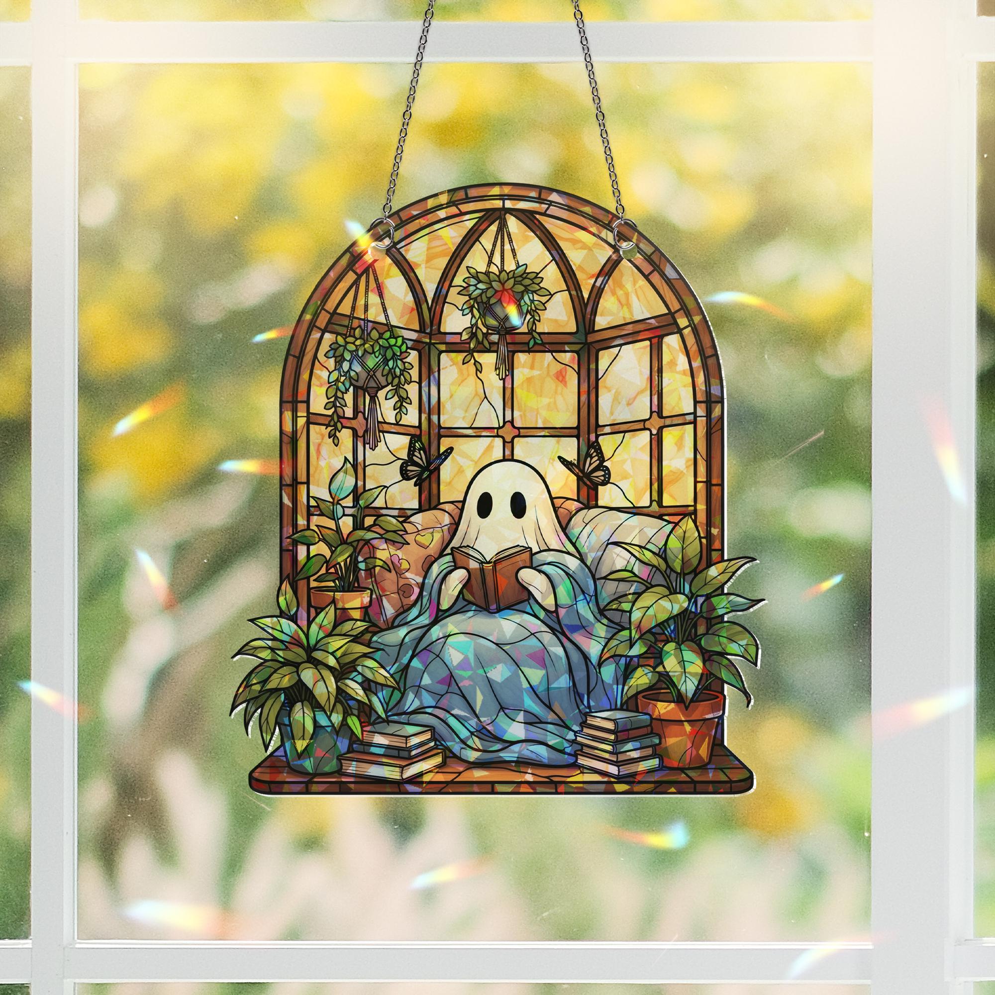 Cozy Ghost Reading Acrylic Window Hanging, Hanging  Decor, Plant Lover Hologram Art, Autumn Book Nook Gift for Readers, Suncatcher Style