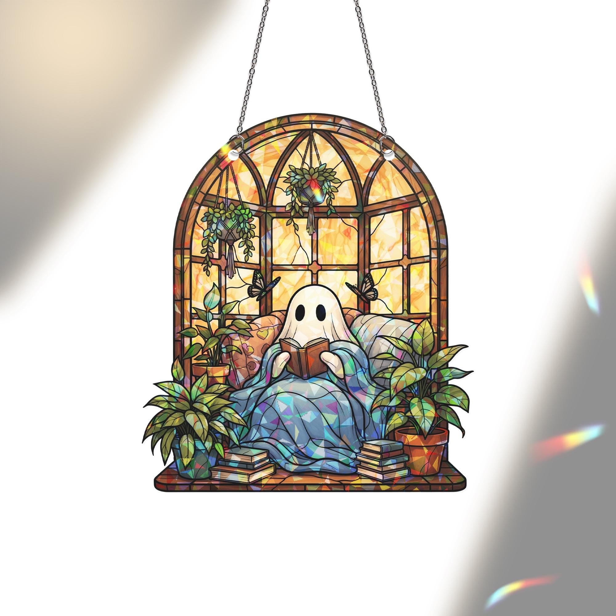 Cozy Ghost Reading Acrylic Window Hanging, Hanging  Decor, Plant Lover Hologram Art, Autumn Book Nook Gift for Readers, Suncatcher Style