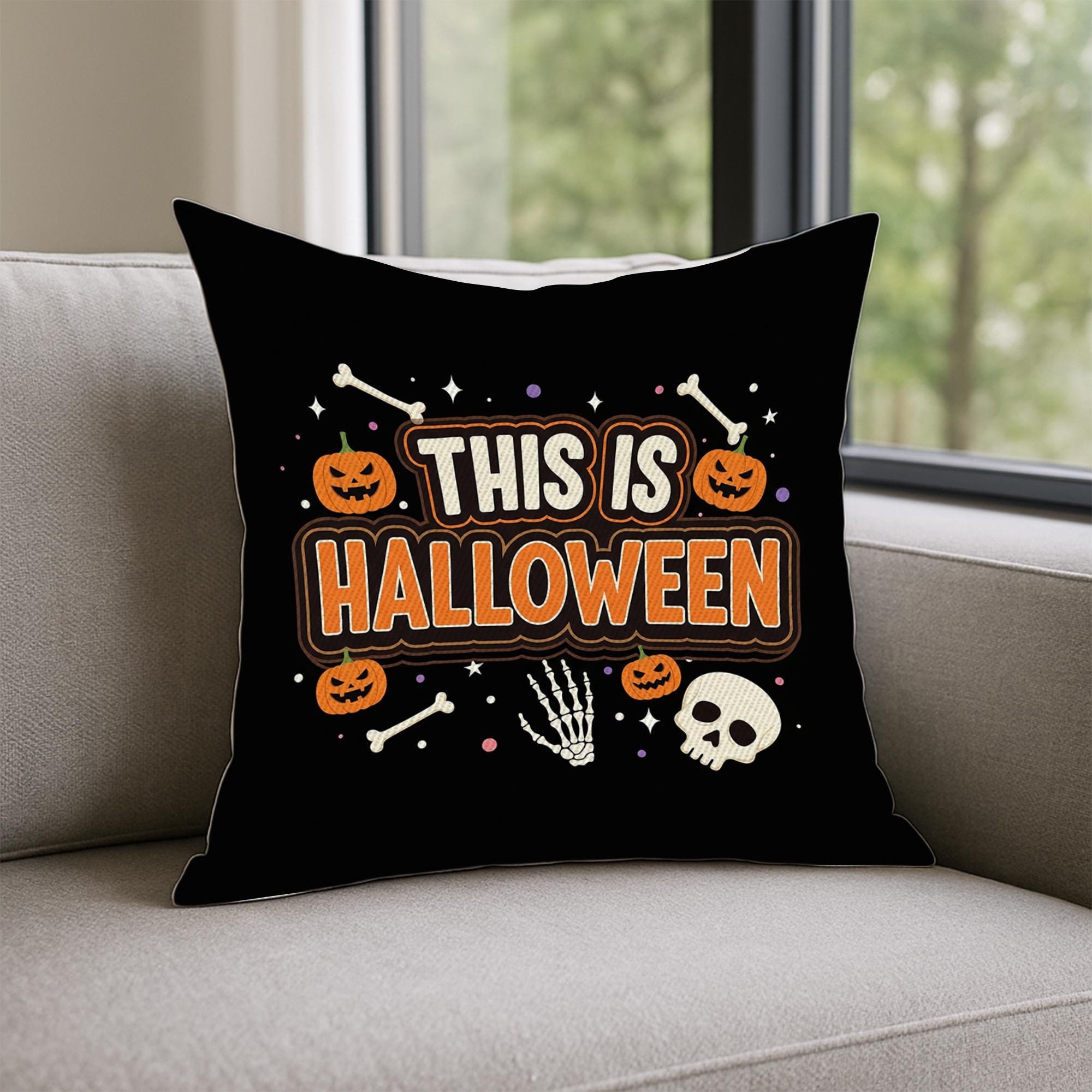 This Is Halloween Throw Pillow Cover, Spooky Pumpkin & Skeleton Bones Cushion, Black Halloween Decor, Fall Accent Pillow