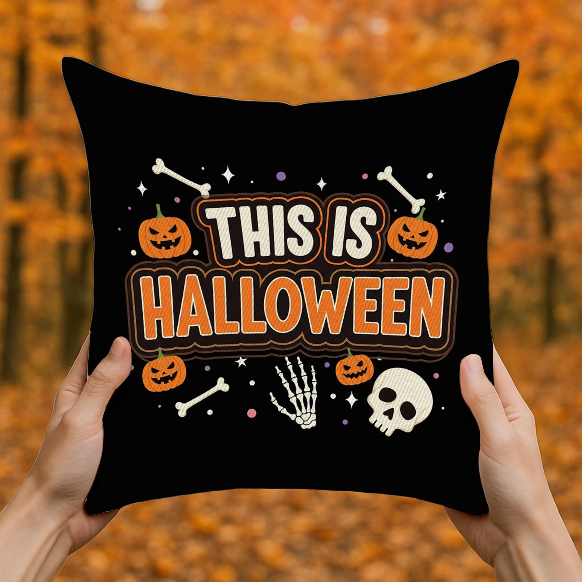 This Is Halloween Throw Pillow Cover, Spooky Pumpkin & Skeleton Bones Cushion, Black Halloween Decor, Fall Accent Pillow