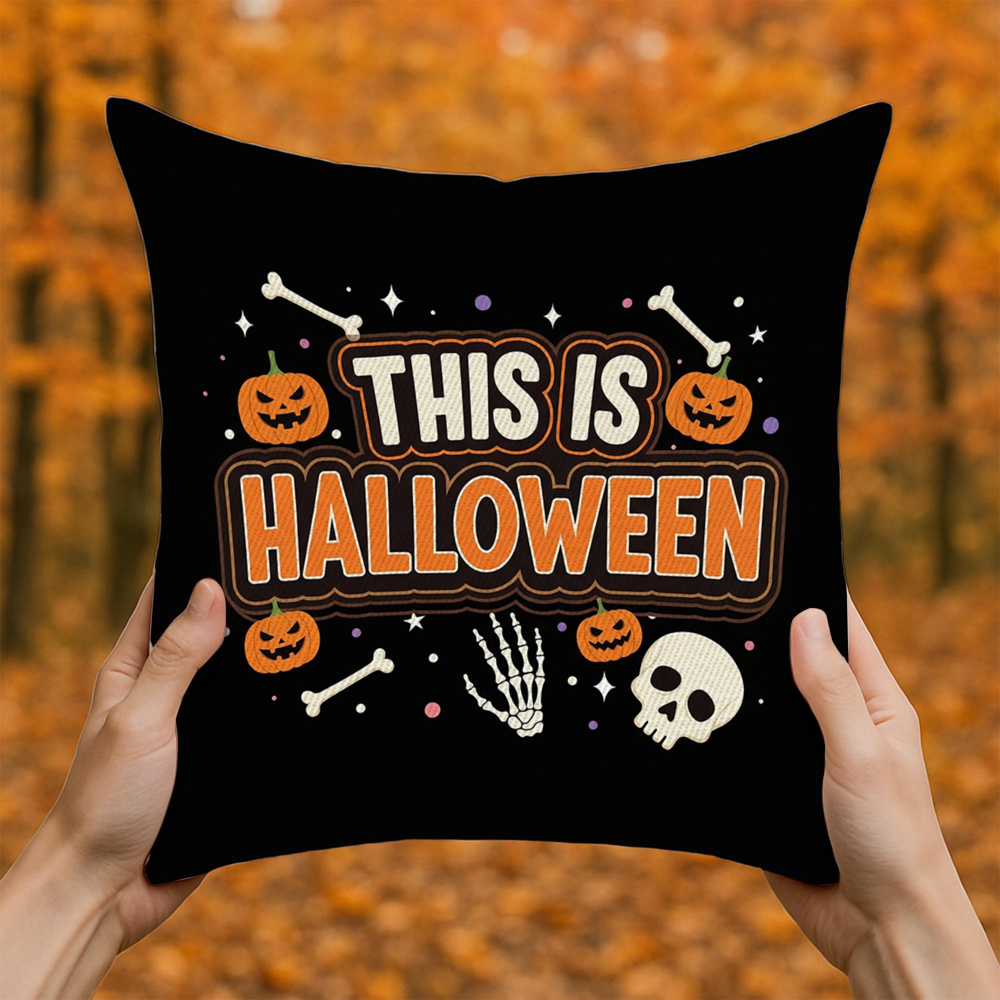 This Is Halloween Throw Pillow Cover, Spooky Pumpkin & Skeleton Bones Cushion, Black Halloween Decor, Fall Accent Pillow