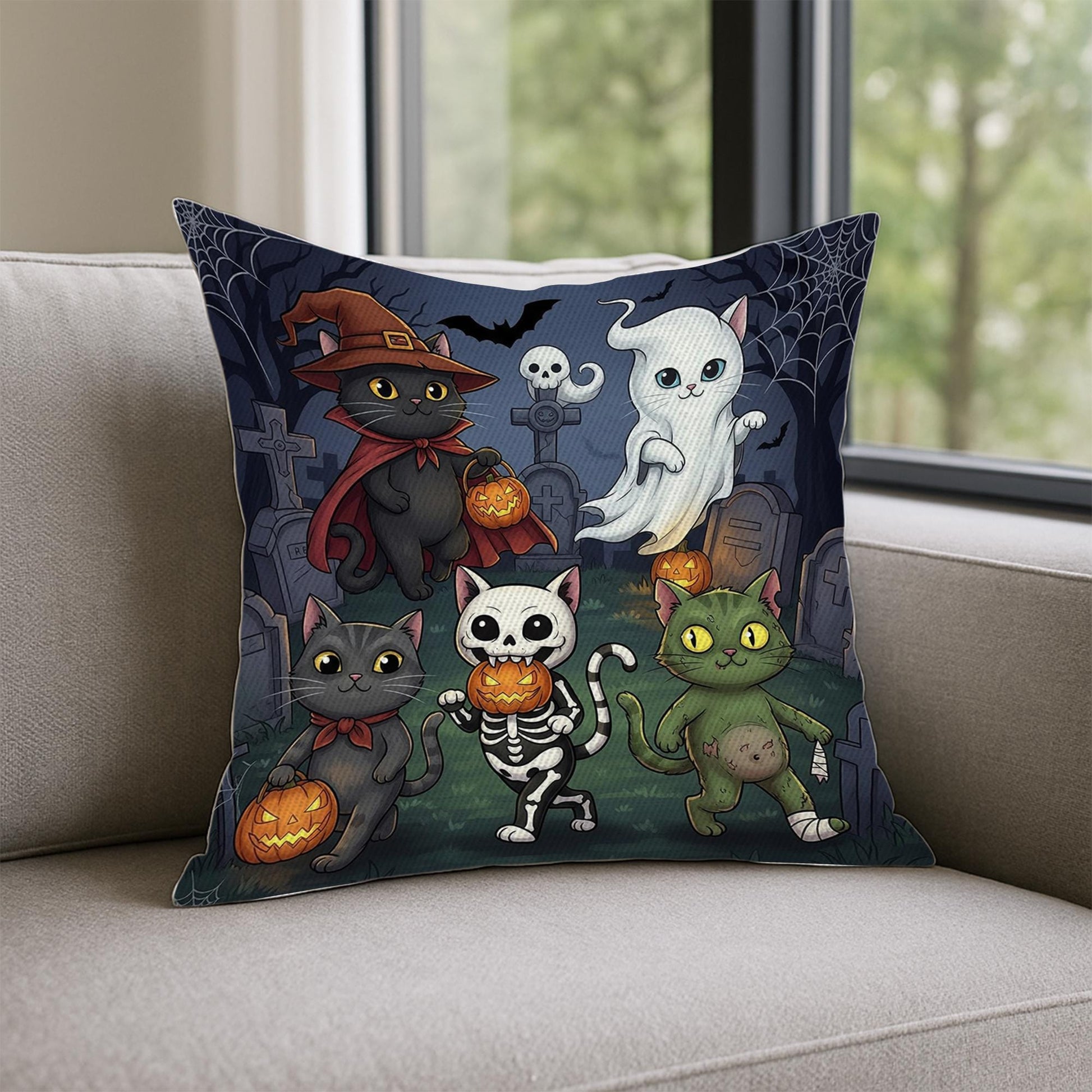 Adorable Halloween Cats Throw Pillow Cover, Spooky Cute Kitties & Ghost Cushion, Pumpkin Graveyard Accent Decor, Fall Home Gift