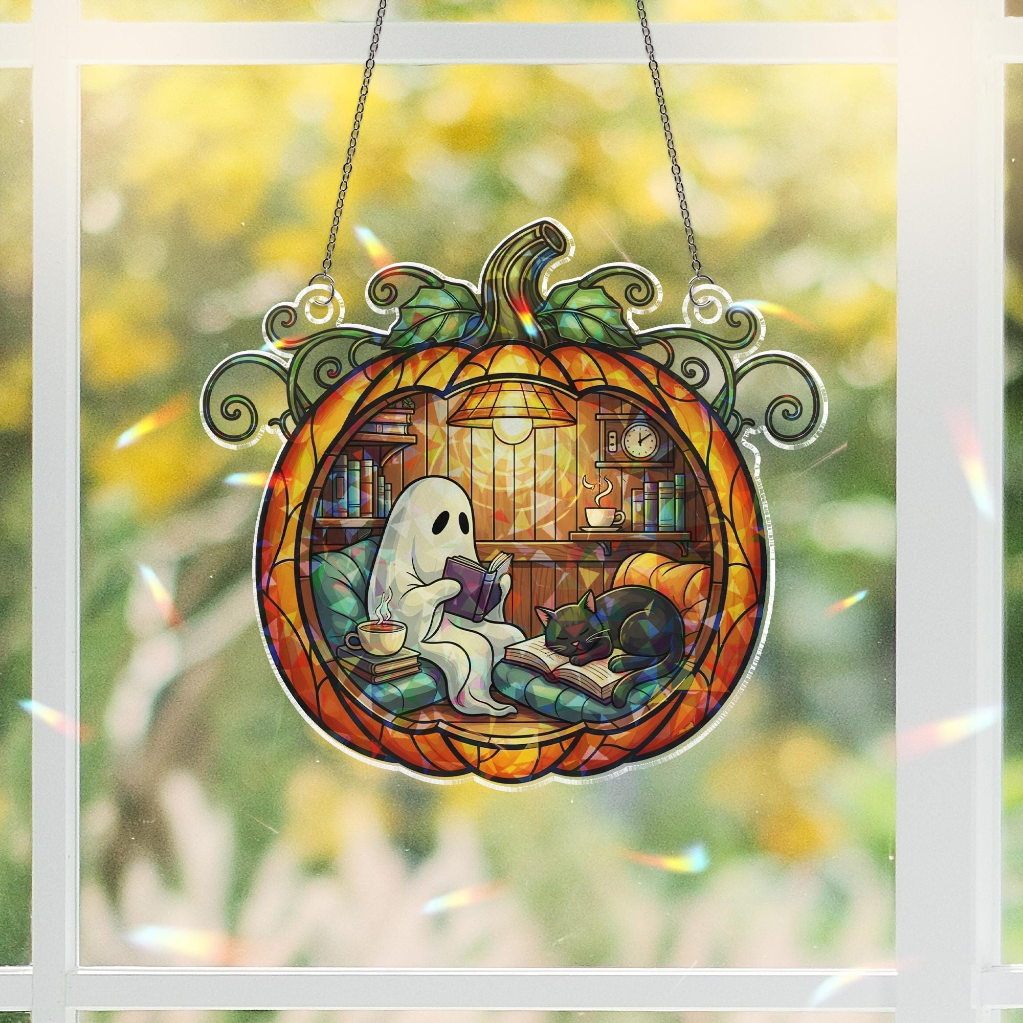 Pumpkin Ghost Cat Acrylic Hanging, Acrylic Halloween Window Decor, Cozy Fall Hologram Hanging, Spooky Reading Sun Catcher, Suncatcher Style