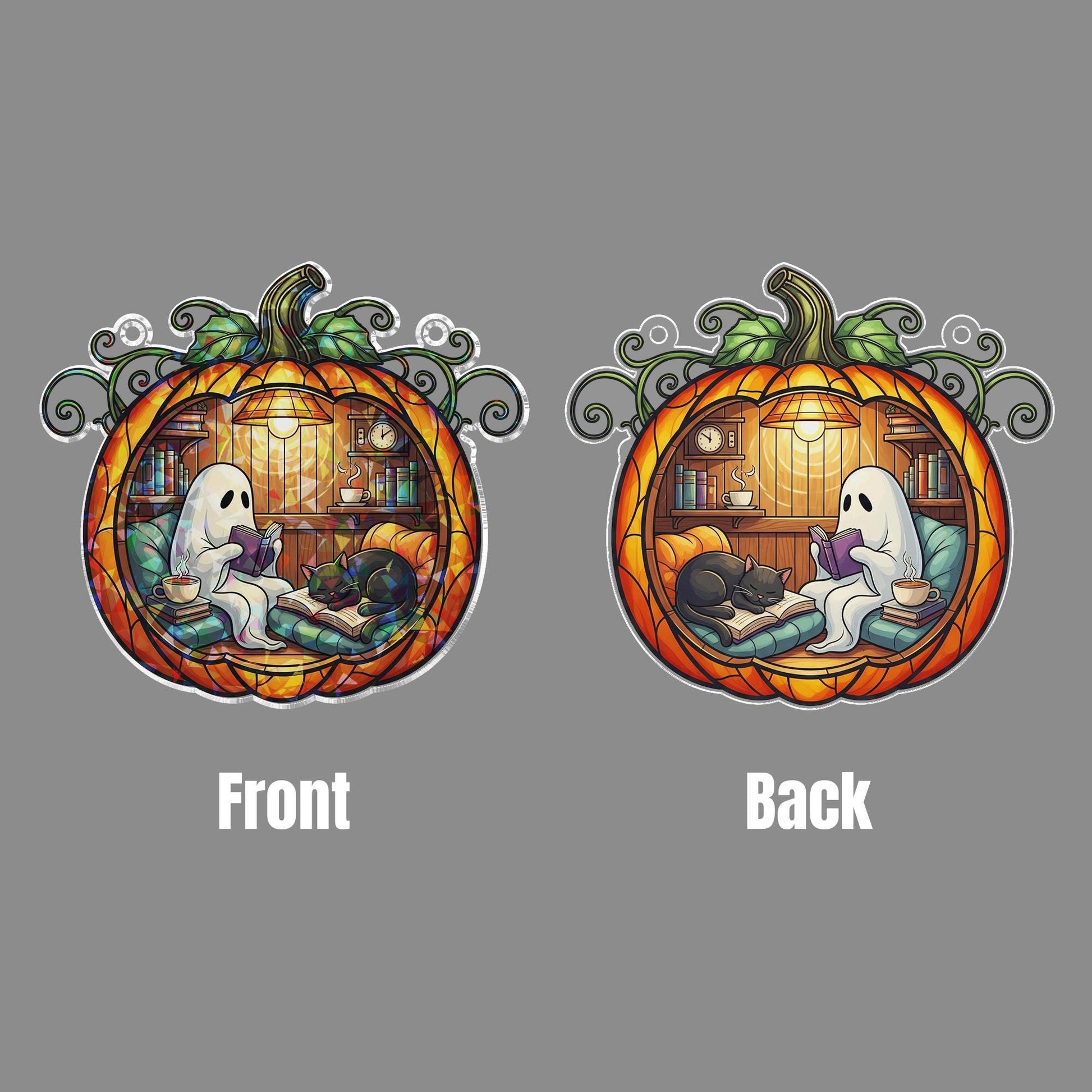 Pumpkin Ghost Cat Acrylic Hanging, Acrylic Halloween Window Decor, Cozy Fall Hologram Hanging, Spooky Reading Sun Catcher, Suncatcher Style