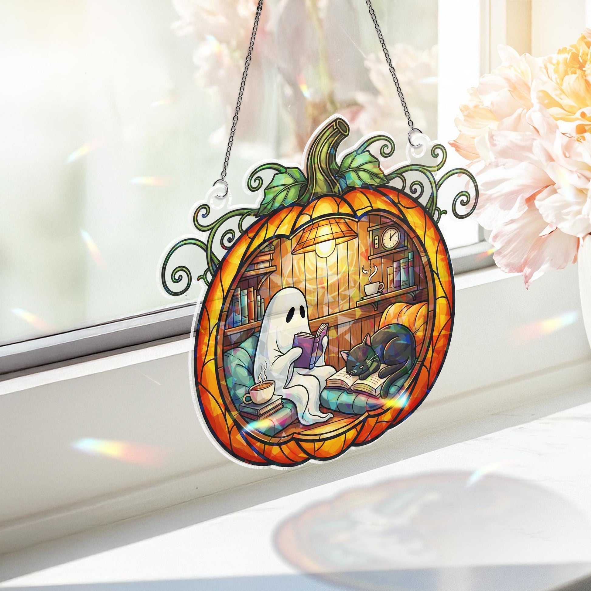 Pumpkin Ghost Cat Acrylic Hanging, Acrylic Halloween Window Decor, Cozy Fall Hologram Hanging, Spooky Reading Sun Catcher, Suncatcher Style