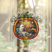 Pumpkin Ghost Cat Acrylic Hanging, Acrylic Halloween Window Decor, Cozy Fall Hologram Hanging, Spooky Reading Sun Catcher, Suncatcher Style