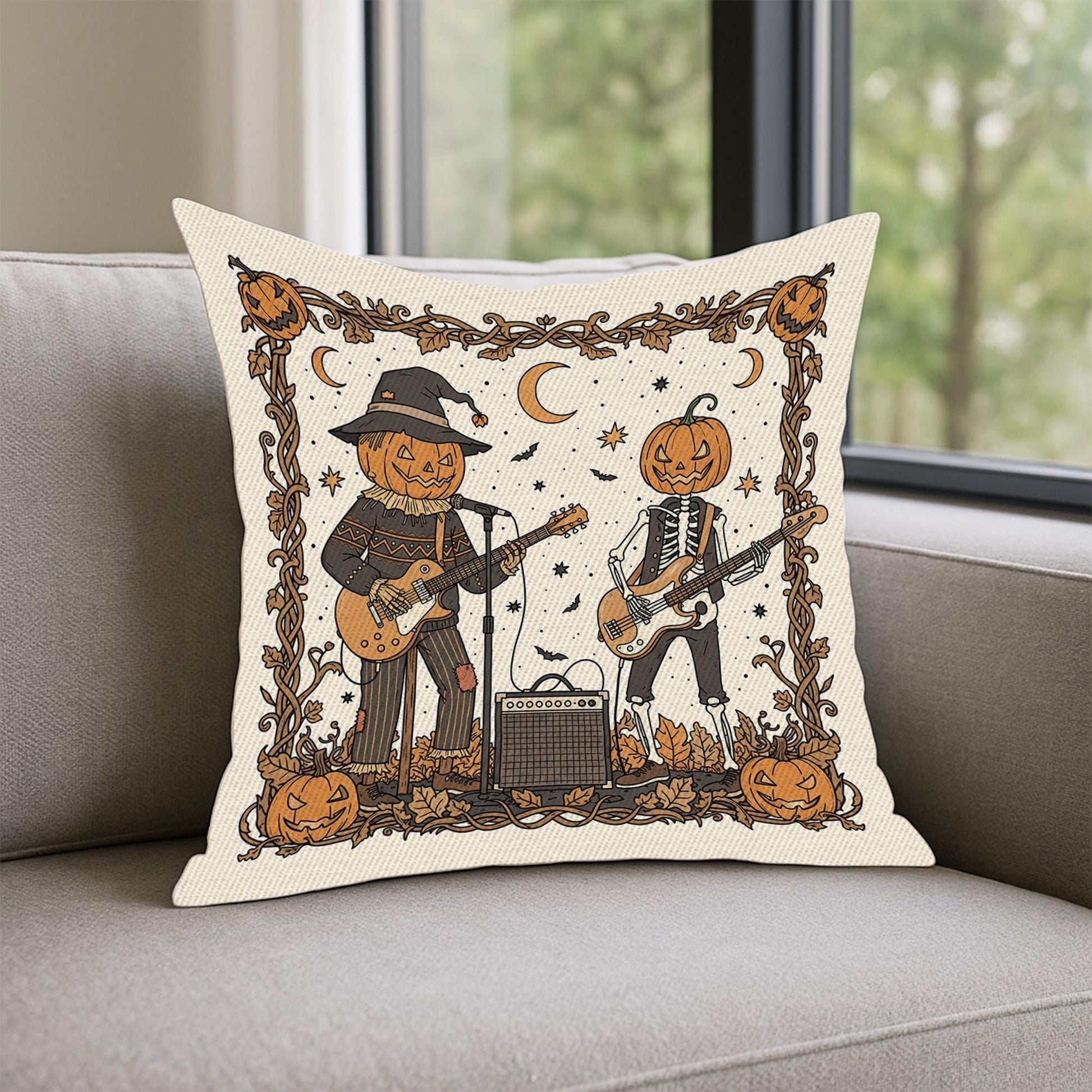 Rock & Roll Halloween Pillow Cover, Pumpkin Skeleton Band Cushion, Spooky Music Fall Decor, Unique Home Accent Gift