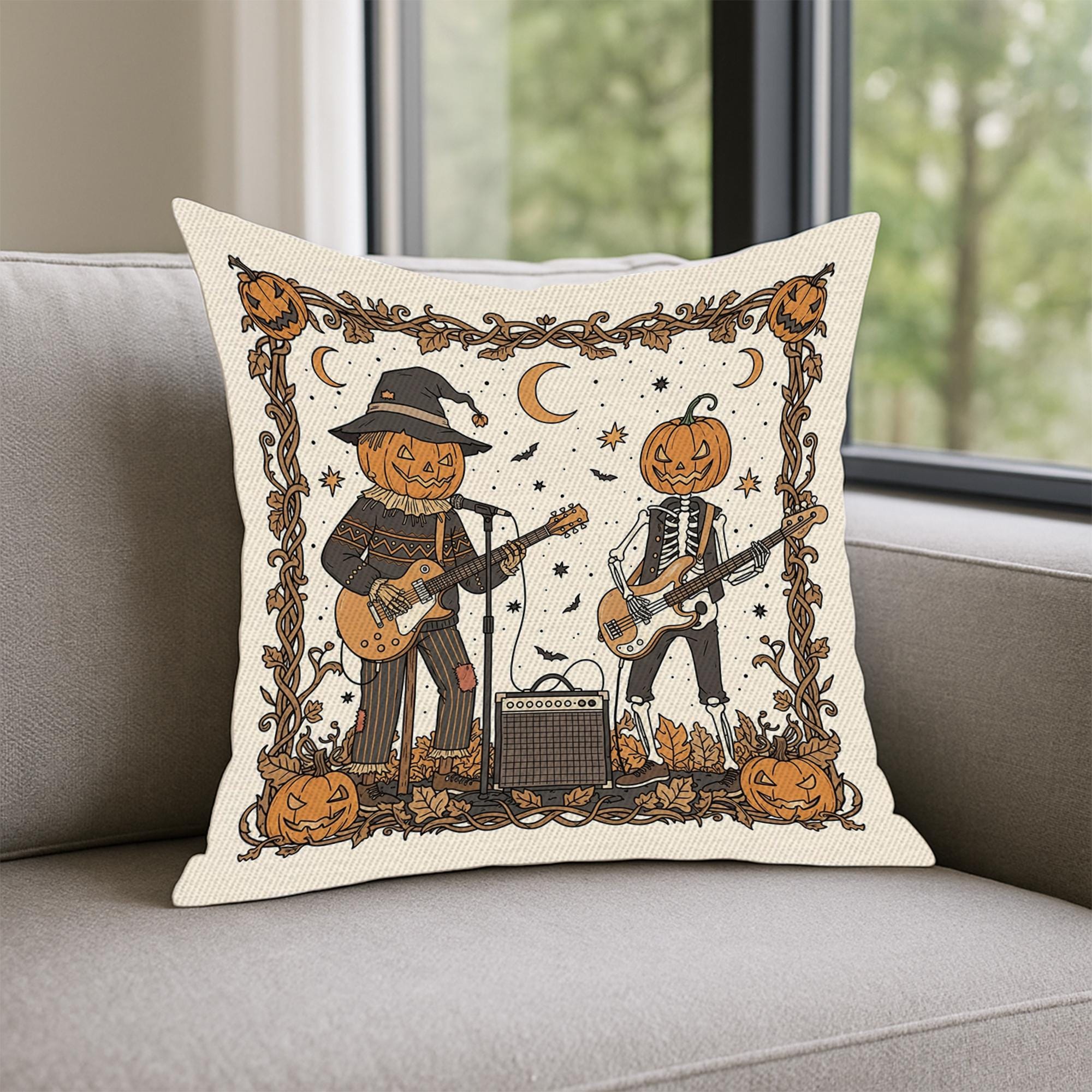 Rock & Roll Halloween Pillow Cover, Pumpkin Skeleton Band Cushion, Spooky Music Fall Decor, Unique Home Accent Gift