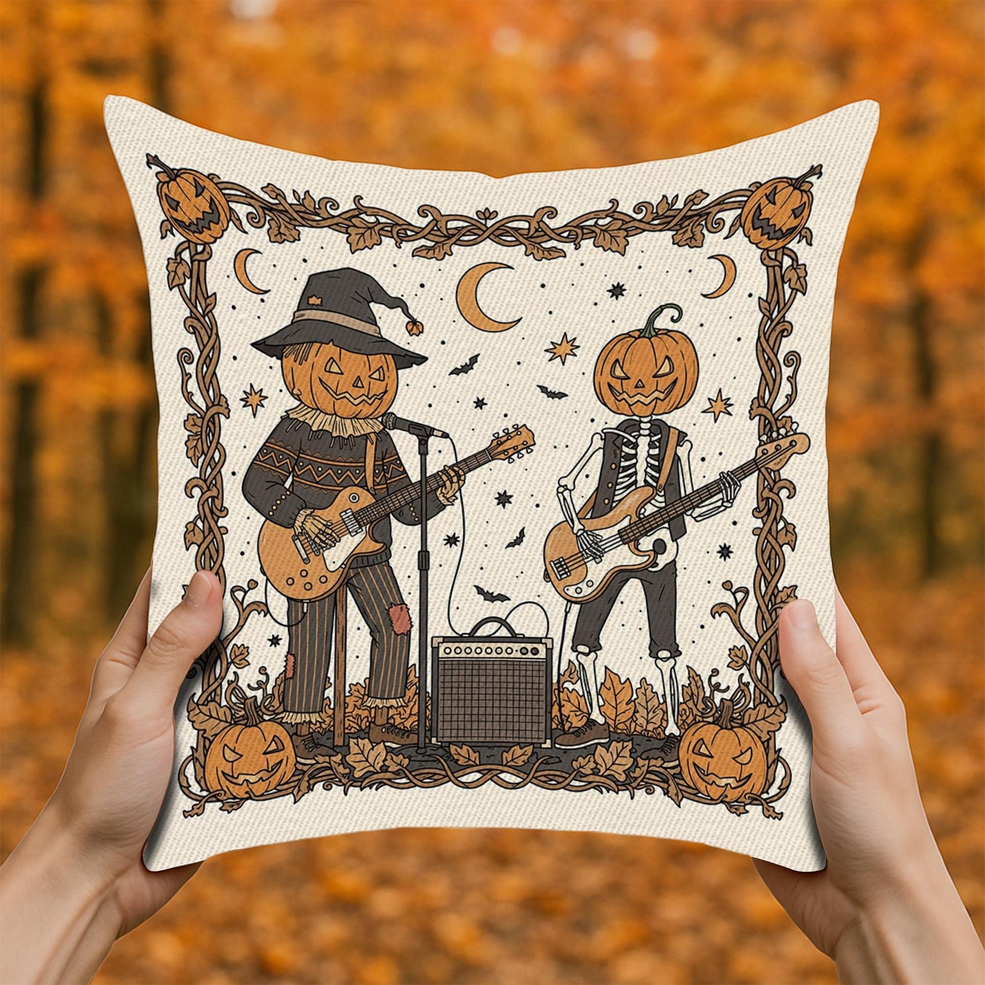 Rock & Roll Halloween Pillow Cover, Pumpkin Skeleton Band Cushion, Spooky Music Fall Decor, Unique Home Accent Gift