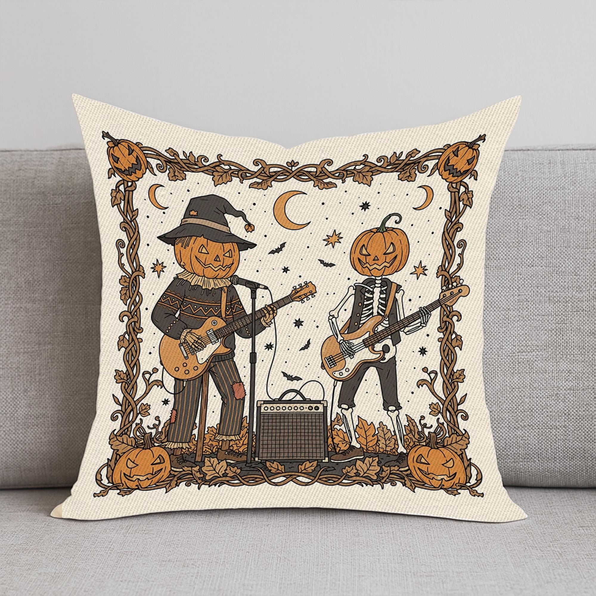 Rock & Roll Halloween Pillow Cover, Pumpkin Skeleton Band Cushion, Spooky Music Fall Decor, Unique Home Accent Gift