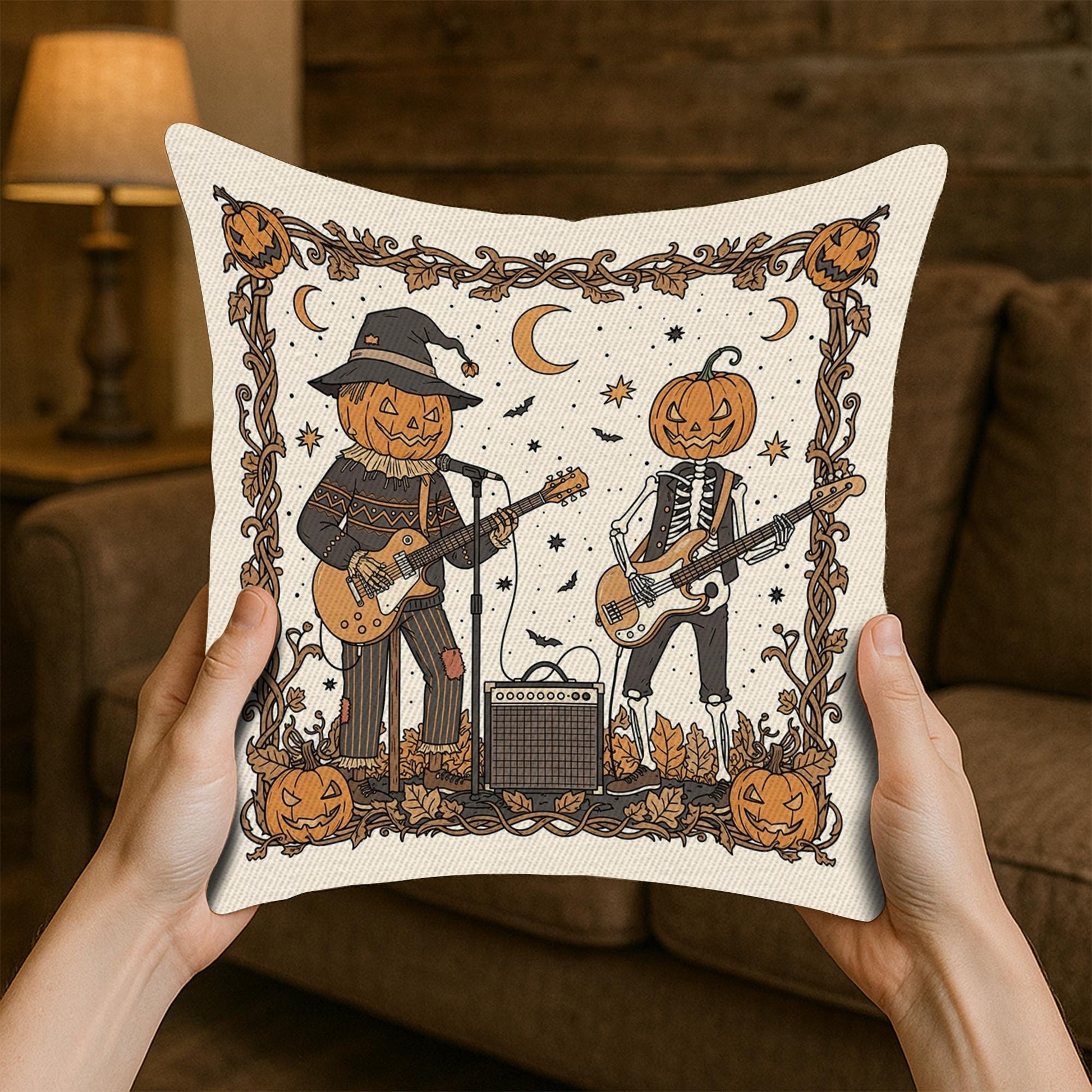 Rock & Roll Halloween Pillow Cover, Pumpkin Skeleton Band Cushion, Spooky Music Fall Decor, Unique Home Accent Gift