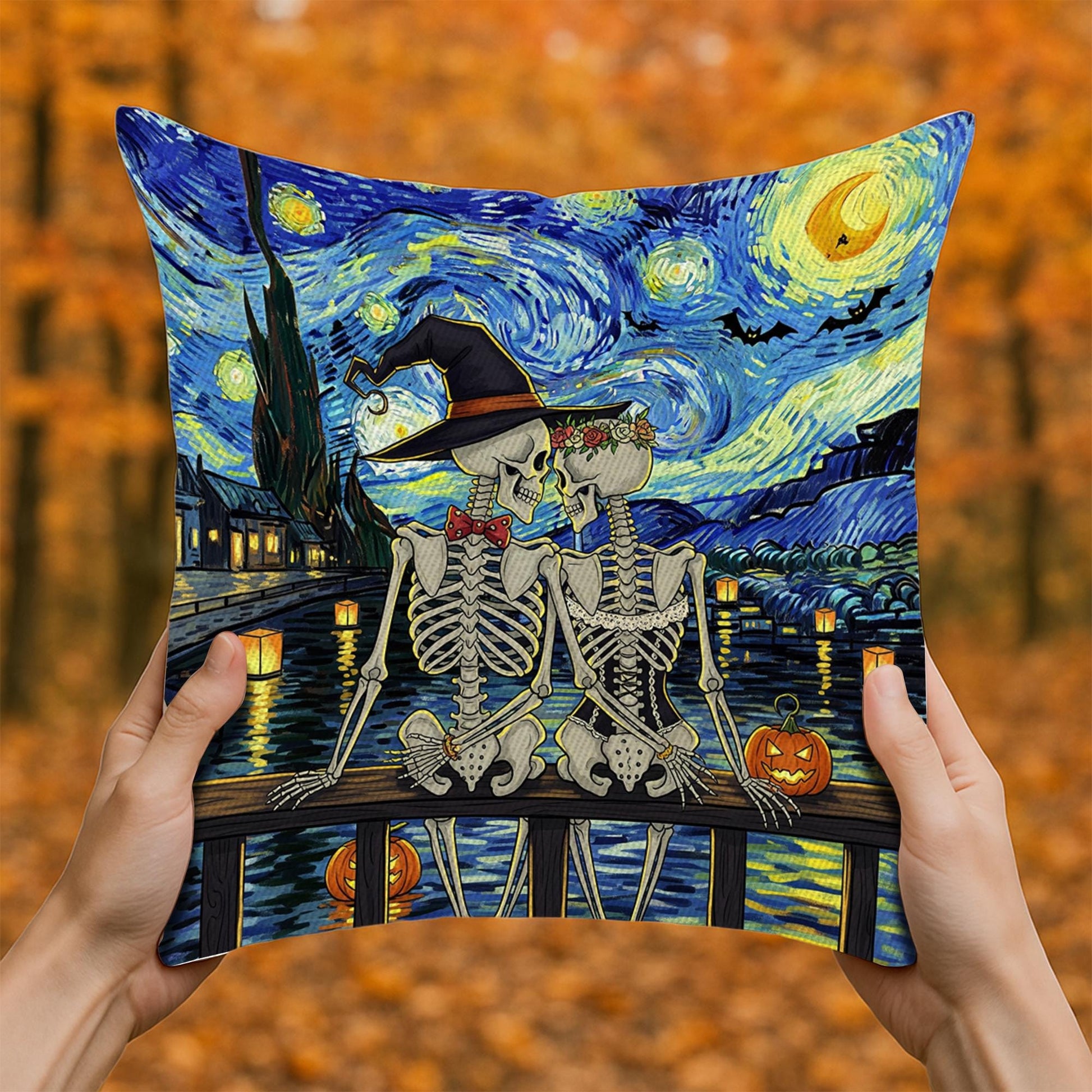 Starry Night Halloween Skeleton Lovers Pillow, Van Gogh Inspired Spooky Couple Cushion, Gothic Fall Decor, Unique Halloween Gift