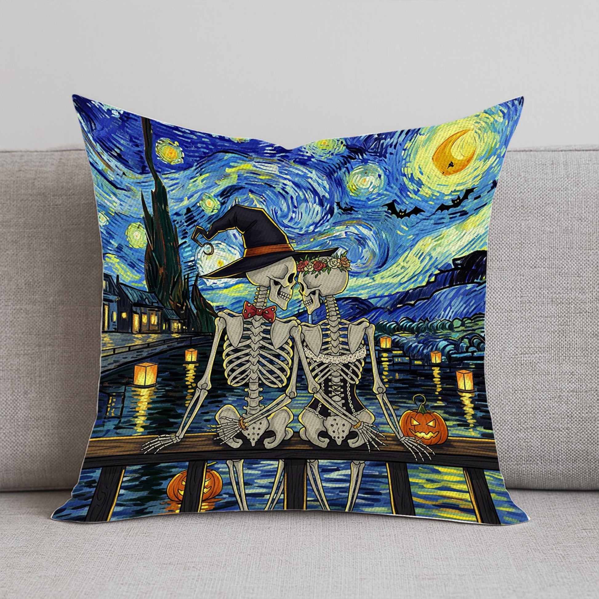 Starry Night Halloween Skeleton Lovers Pillow, Van Gogh Inspired Spooky Couple Cushion, Gothic Fall Decor, Unique Halloween Gift