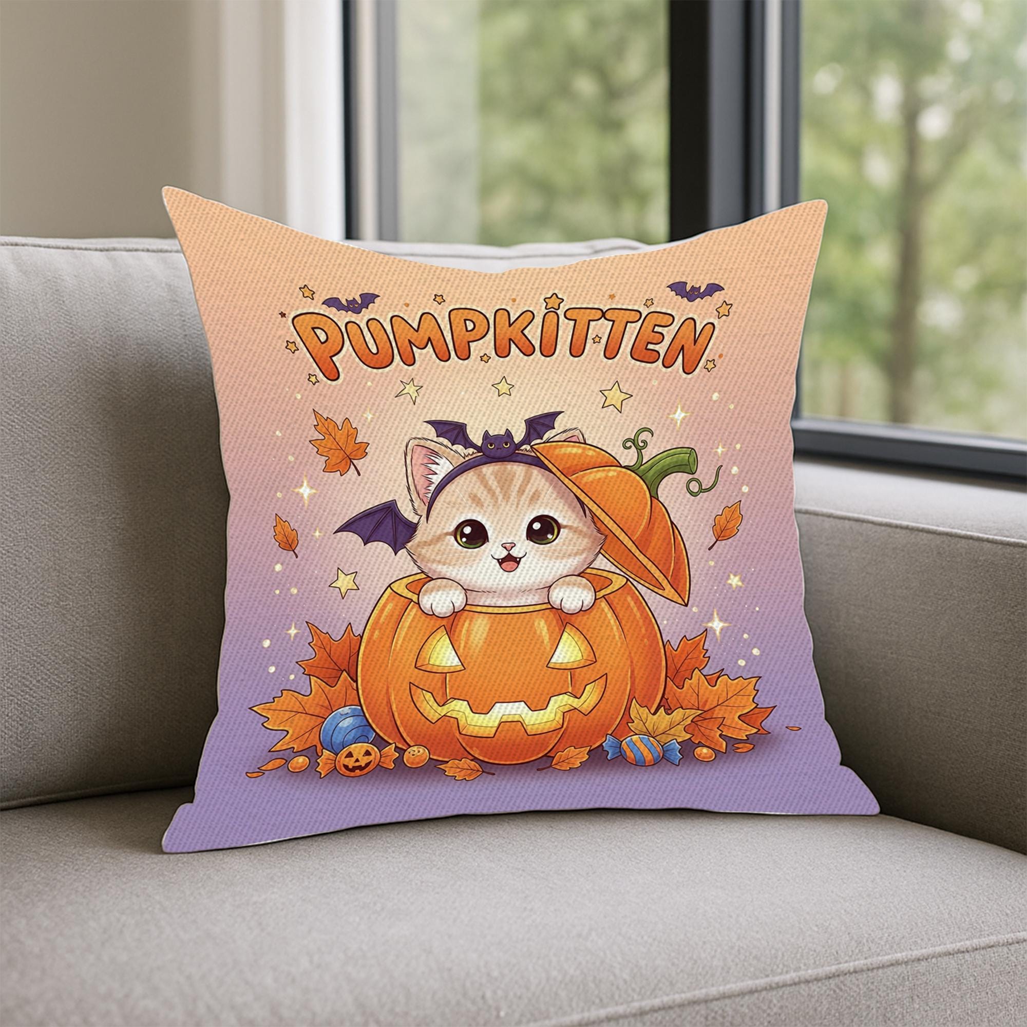 Adorable Pumpkitten Halloween Throw Pillow, Cute Cat in Pumpkin Cushion, Kawaii Fall Accent Decor, Spooky Kitten Home Gift