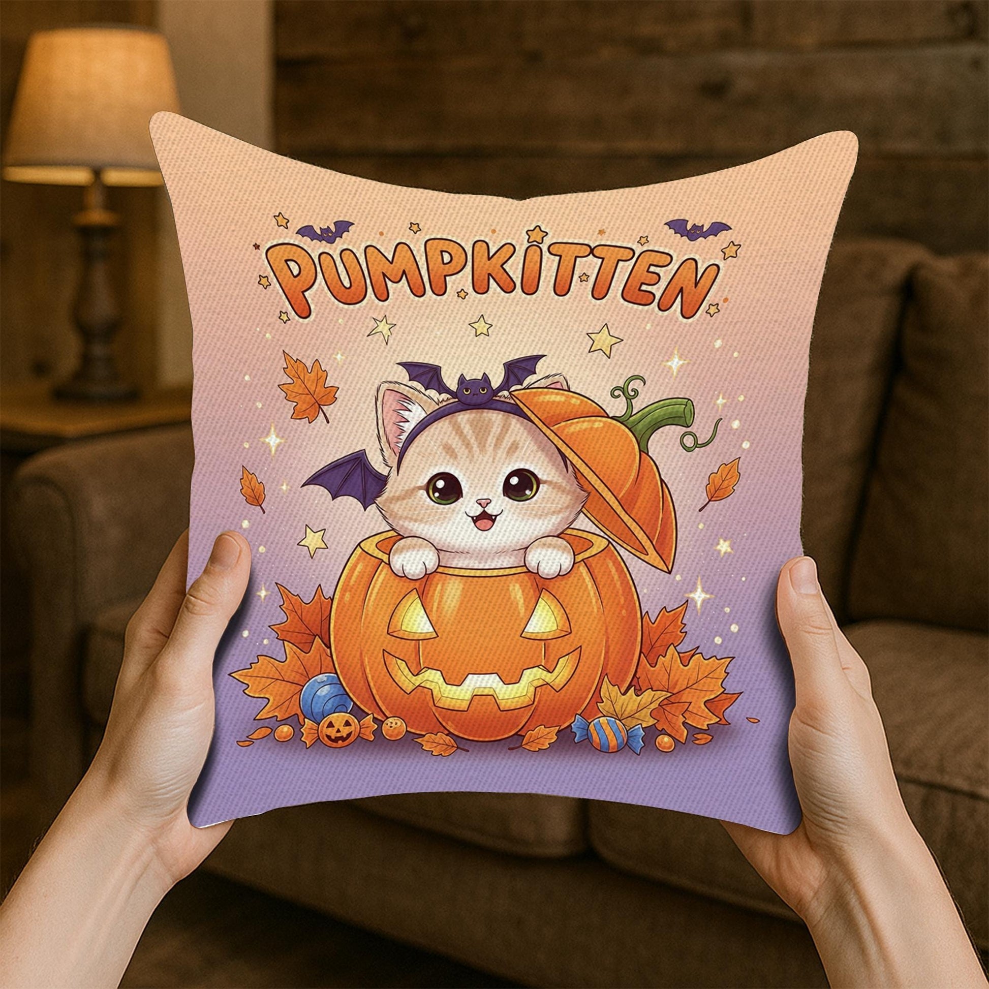 Adorable Pumpkitten Halloween Throw Pillow, Cute Cat in Pumpkin Cushion, Kawaii Fall Accent Decor, Spooky Kitten Home Gift