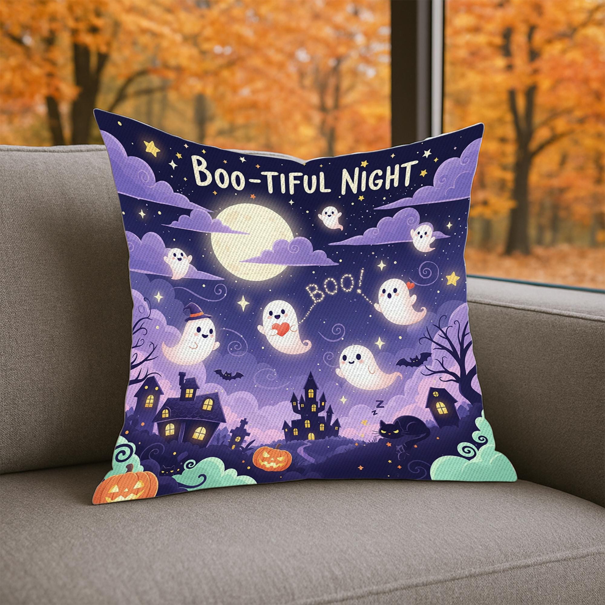 Boo Tiful Night , Halloween Throw Pillow, Cute Ghosts & Haunted House Cushion, Spooky Full Moon Fall Decor, Kids Halloween Gift