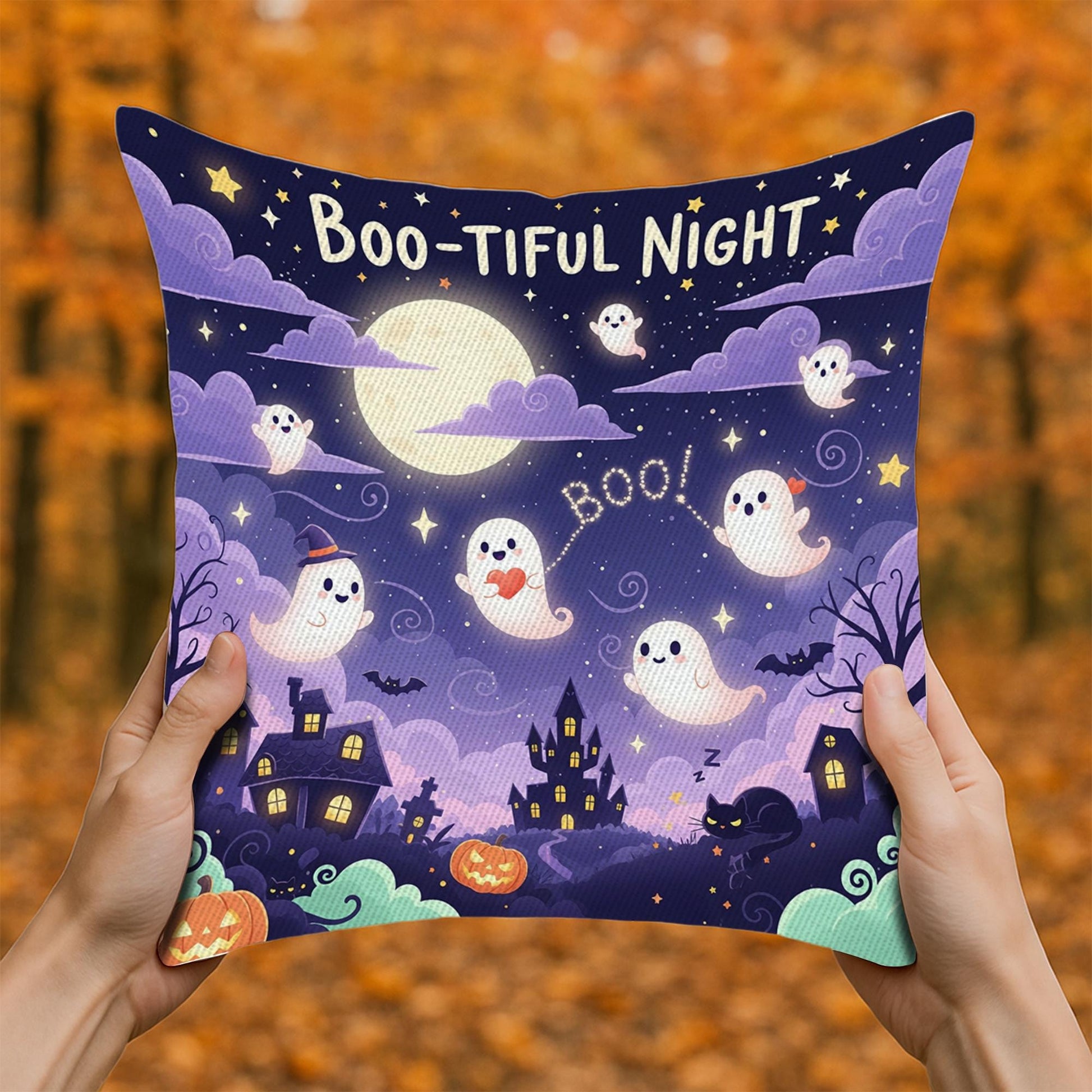 Boo Tiful Night , Halloween Throw Pillow, Cute Ghosts & Haunted House Cushion, Spooky Full Moon Fall Decor, Kids Halloween Gift