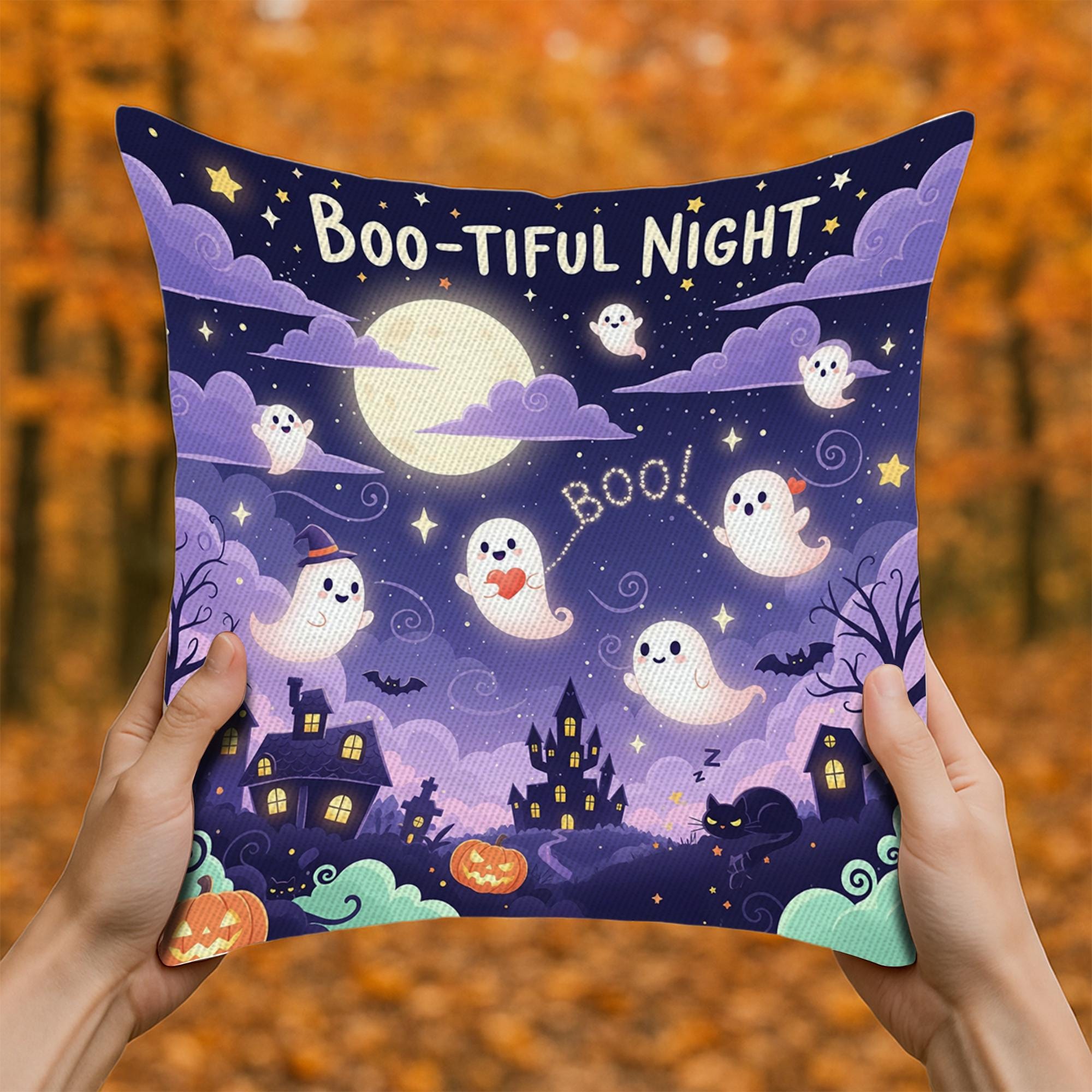 Boo Tiful Night , Halloween Throw Pillow, Cute Ghosts & Haunted House Cushion, Spooky Full Moon Fall Decor, Kids Halloween Gift