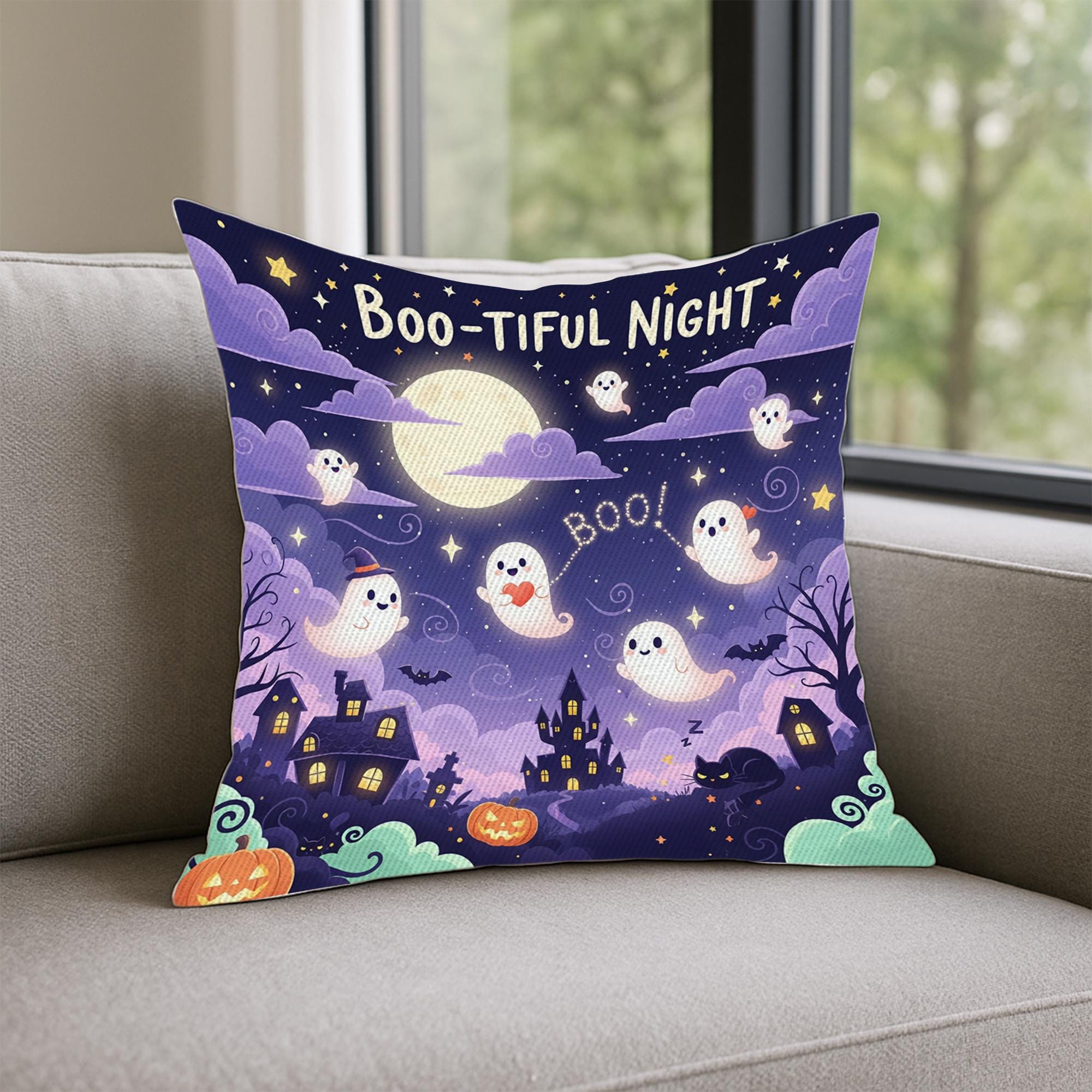 Boo Tiful Night , Halloween Throw Pillow, Cute Ghosts & Haunted House Cushion, Spooky Full Moon Fall Decor, Kids Halloween Gift