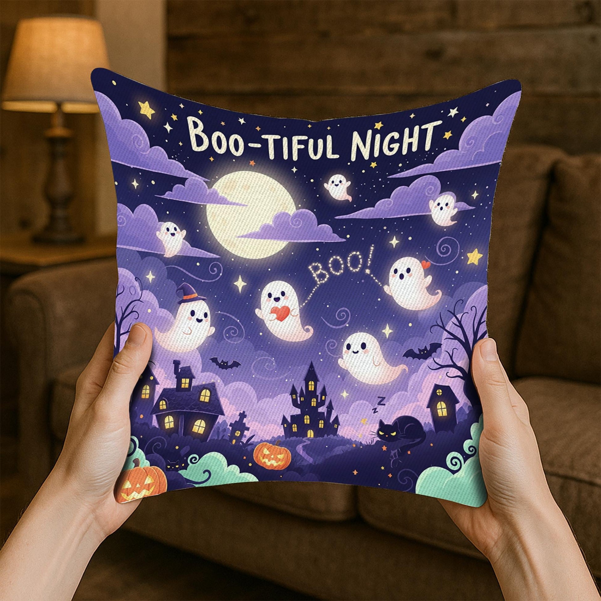 Boo Tiful Night , Halloween Throw Pillow, Cute Ghosts & Haunted House Cushion, Spooky Full Moon Fall Decor, Kids Halloween Gift