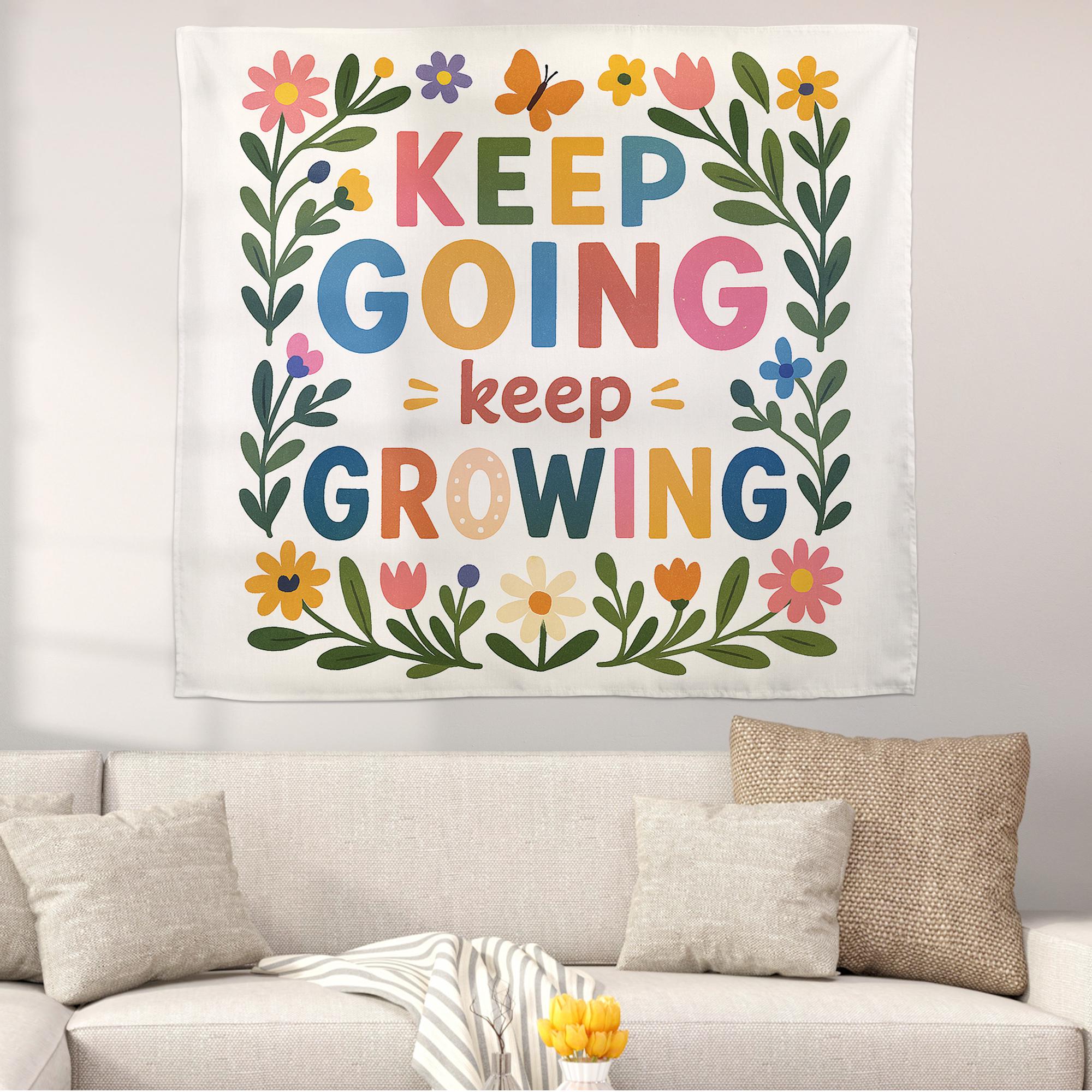 Keep Going Keep Growing Tapestry, Motivational Classroom Wall Hanging, Positive Quote Floral Decor, Teacher School Room Art