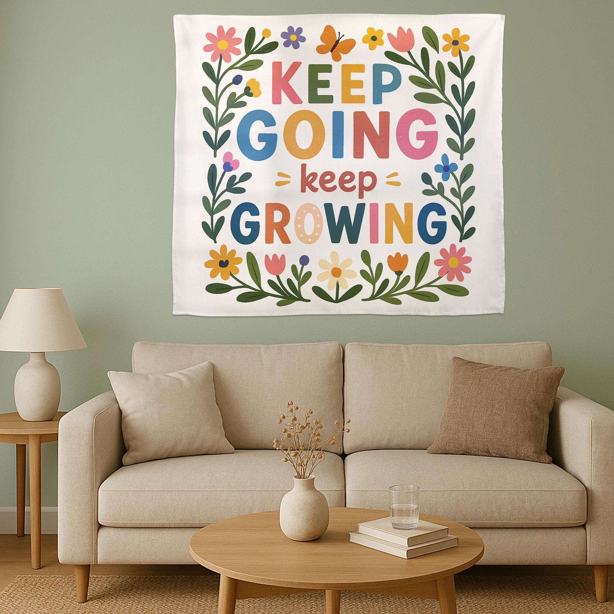 Keep Going Keep Growing Tapestry, Motivational Classroom Wall Hanging, Positive Quote Floral Decor, Teacher School Room Art