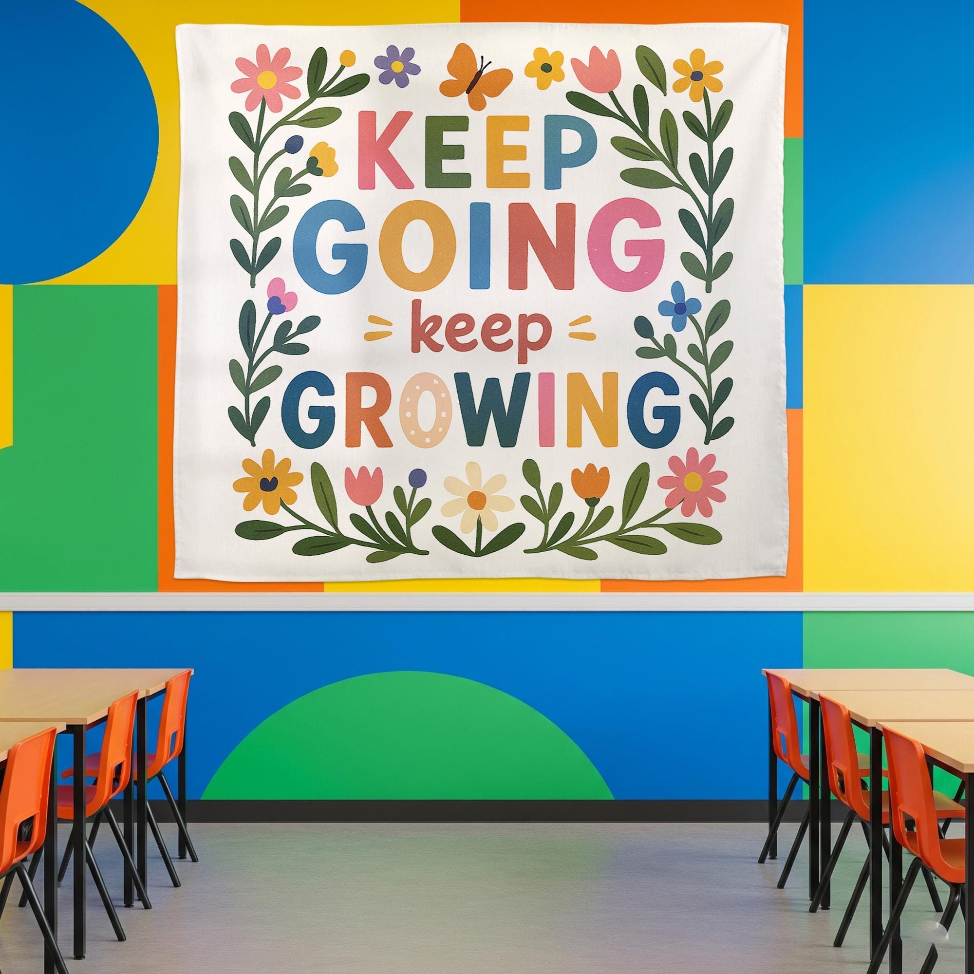 Keep Going Keep Growing Tapestry, Motivational Classroom Wall Hanging, Positive Quote Floral Decor, Teacher School Room Art