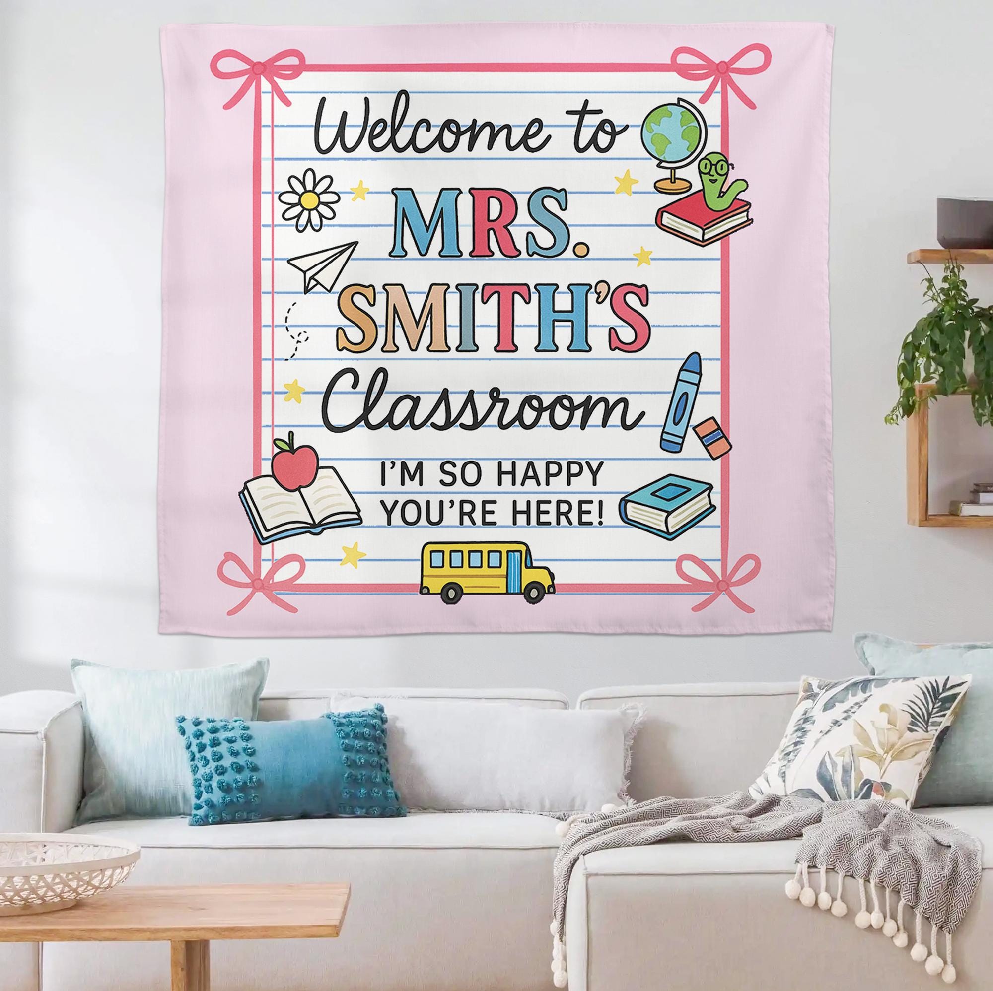 Welcome to Classroom Tapestry, Personalized Teacher Name Wall Hanging, Back to School Classroom Decor, Custom Teacher Gift