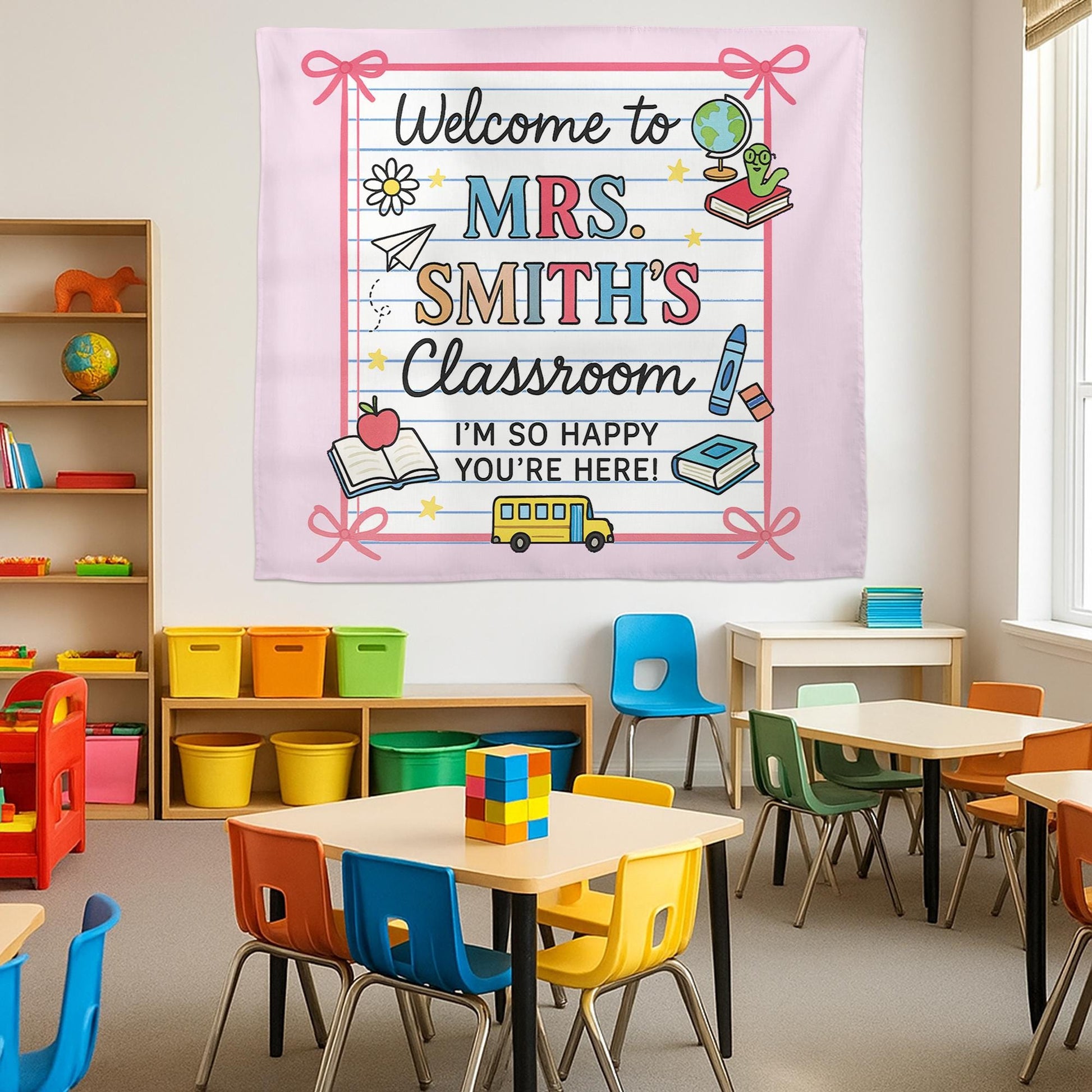 Welcome to Classroom Tapestry, Personalized Teacher Name Wall Hanging, Back to School Classroom Decor, Custom Teacher Gift