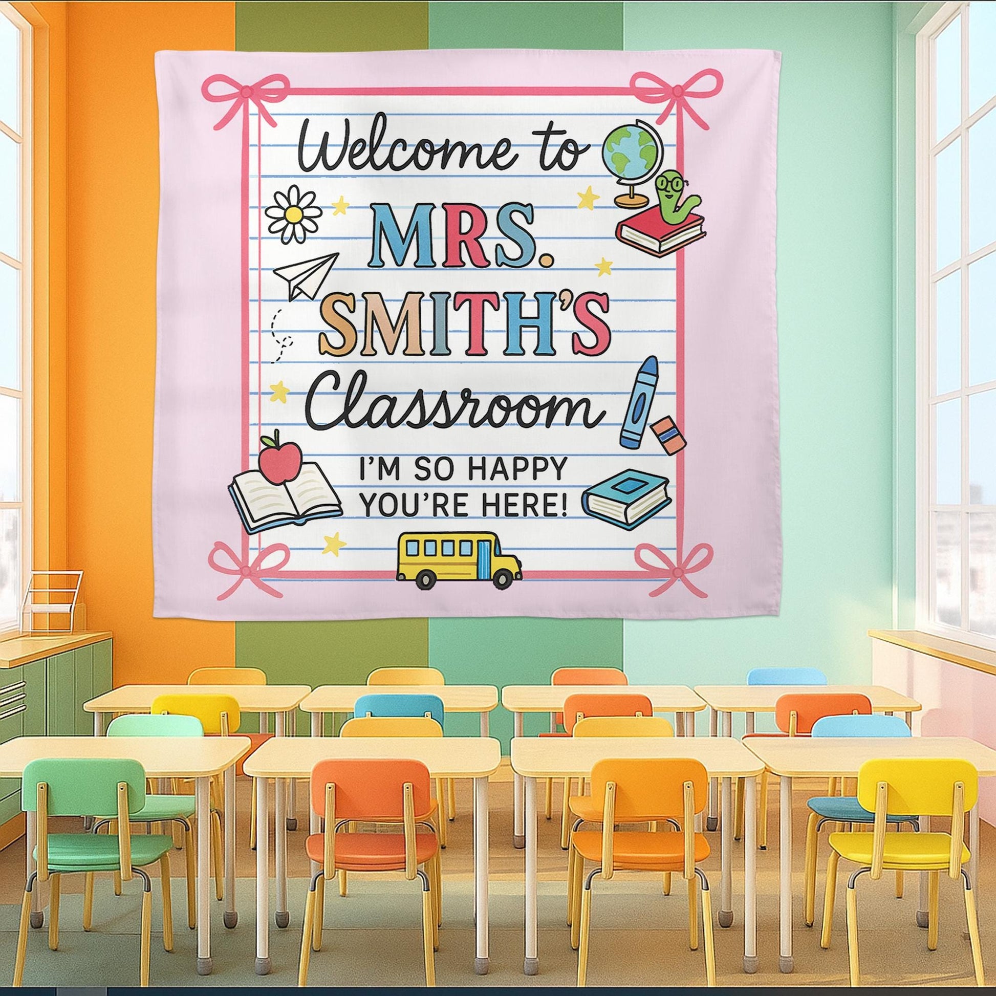Welcome to Classroom Tapestry, Personalized Teacher Name Wall Hanging, Back to School Classroom Decor, Custom Teacher Gift