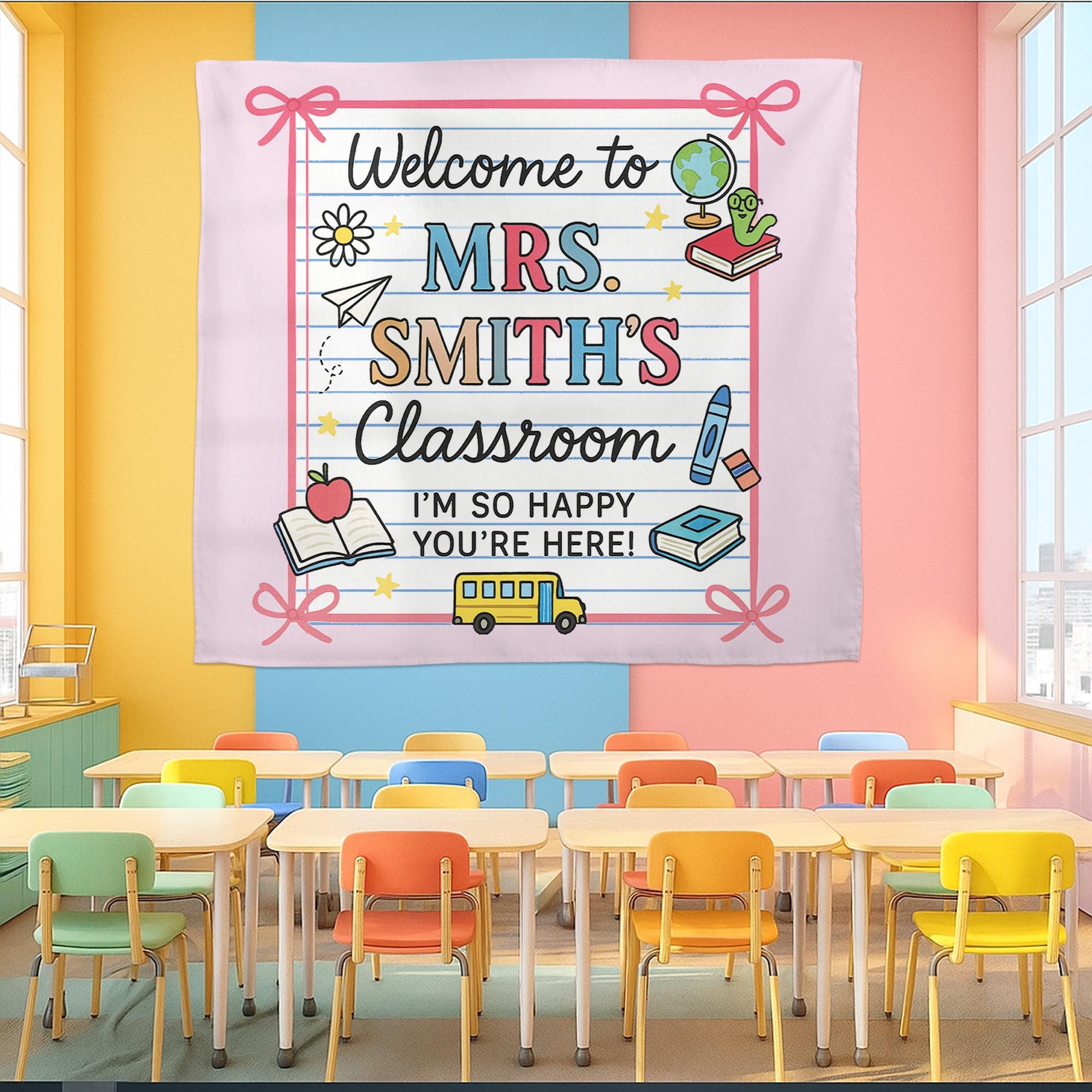 Welcome to Classroom Tapestry, Personalized Teacher Name Wall Hanging, Back to School Classroom Decor, Custom Teacher Gift