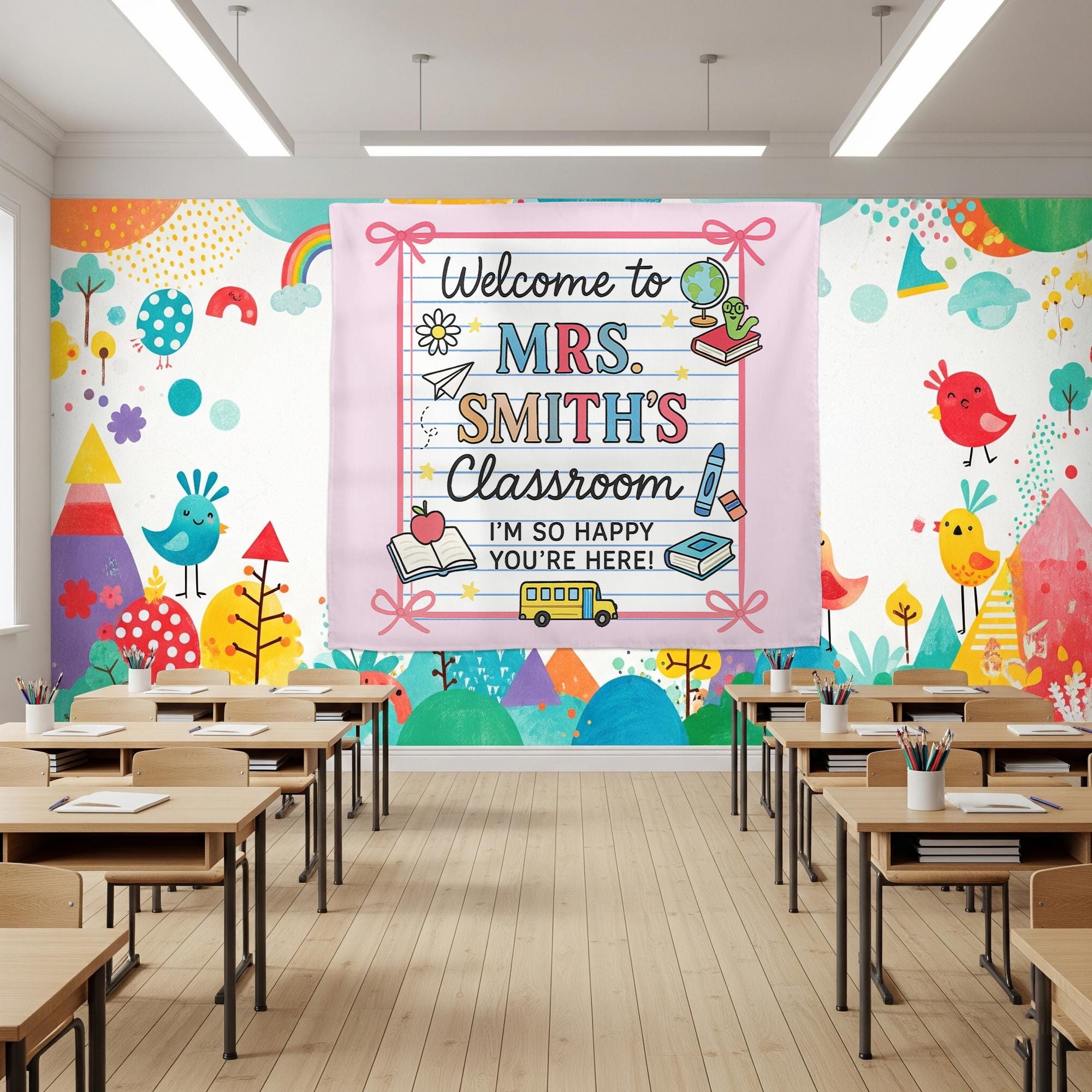 Welcome to Classroom Tapestry, Personalized Teacher Name Wall Hanging, Back to School Classroom Decor, Custom Teacher Gift